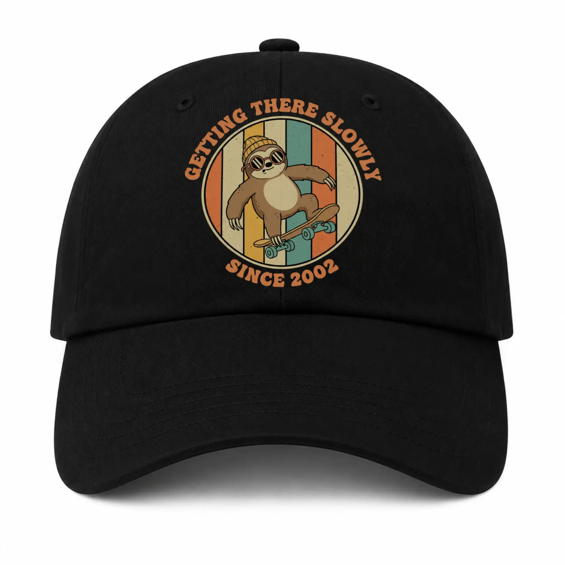 Baseball Cap Featuring Retro Sloth Skateboarder Graphic for Everyday Wear