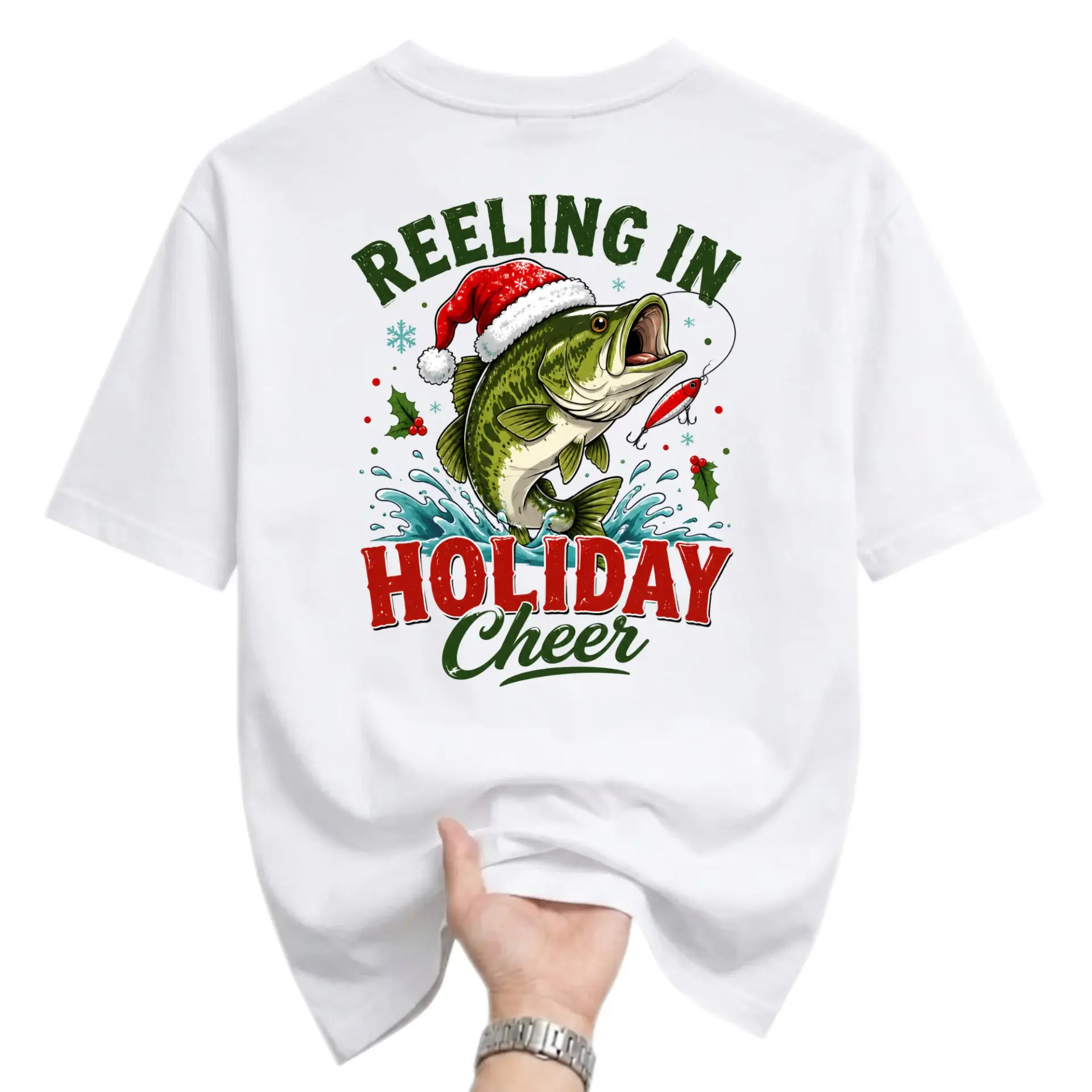 Graphic Tee Reeling in Holiday Cheer Fishing Design Unisex Crew Neck Soft Cotton Blend Casual Short Sleeve Shirt