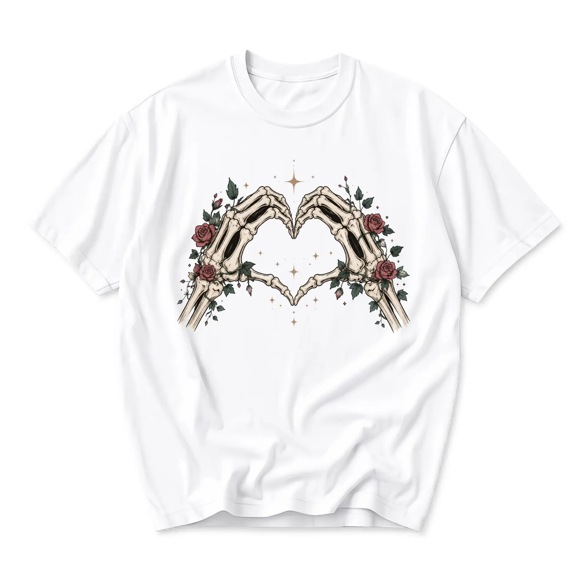 Graphic Tee Skeleton Heart Hands with Roses Artistic Floral Print Unisex Crew Neck Casual Everyday Soft Cotton Shirt