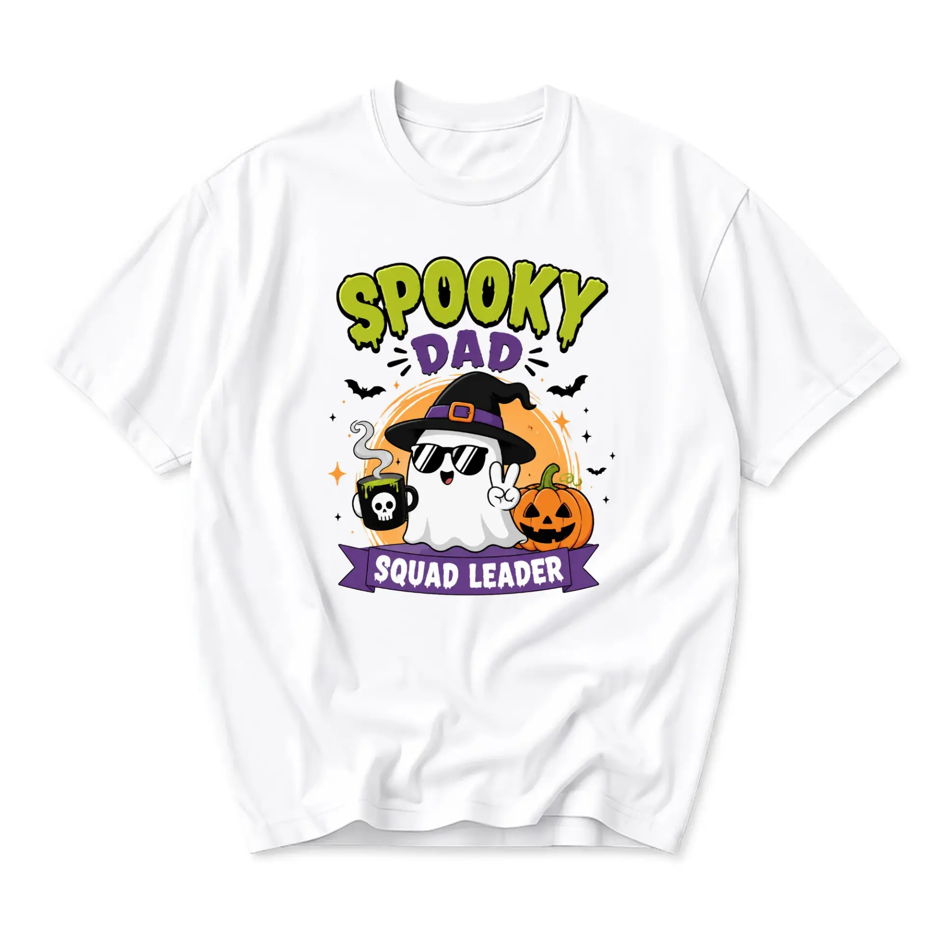 Graphic Tee Spooky Dad Squad Leader Halloween Shirt Unisex Crew Neck Short Sleeve Soft Cotton Casual Everyday Top