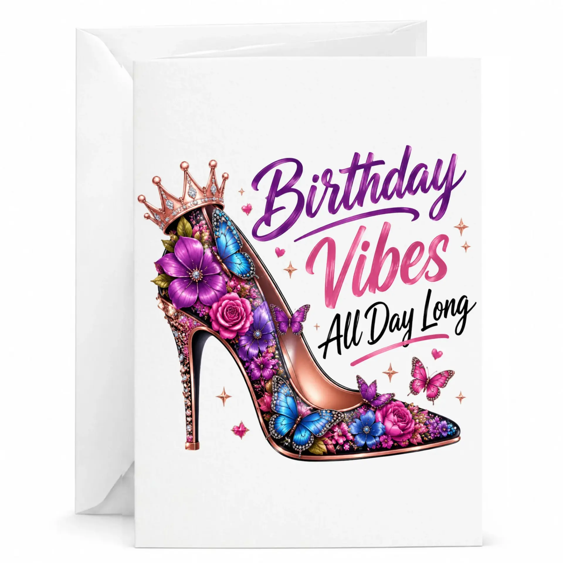 Birthday Card Birthday Vibes All Day Long High Heel Shoe Design Elegant Floral Butterflies Greeting Card