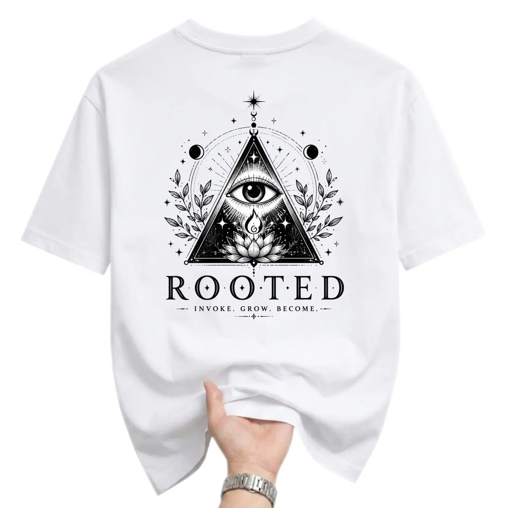 Graphic Tee Rooted Invoke Grow Become Unisex Cotton Shirt Mystical Eye Floral Illustration Casual Crew Neck Top