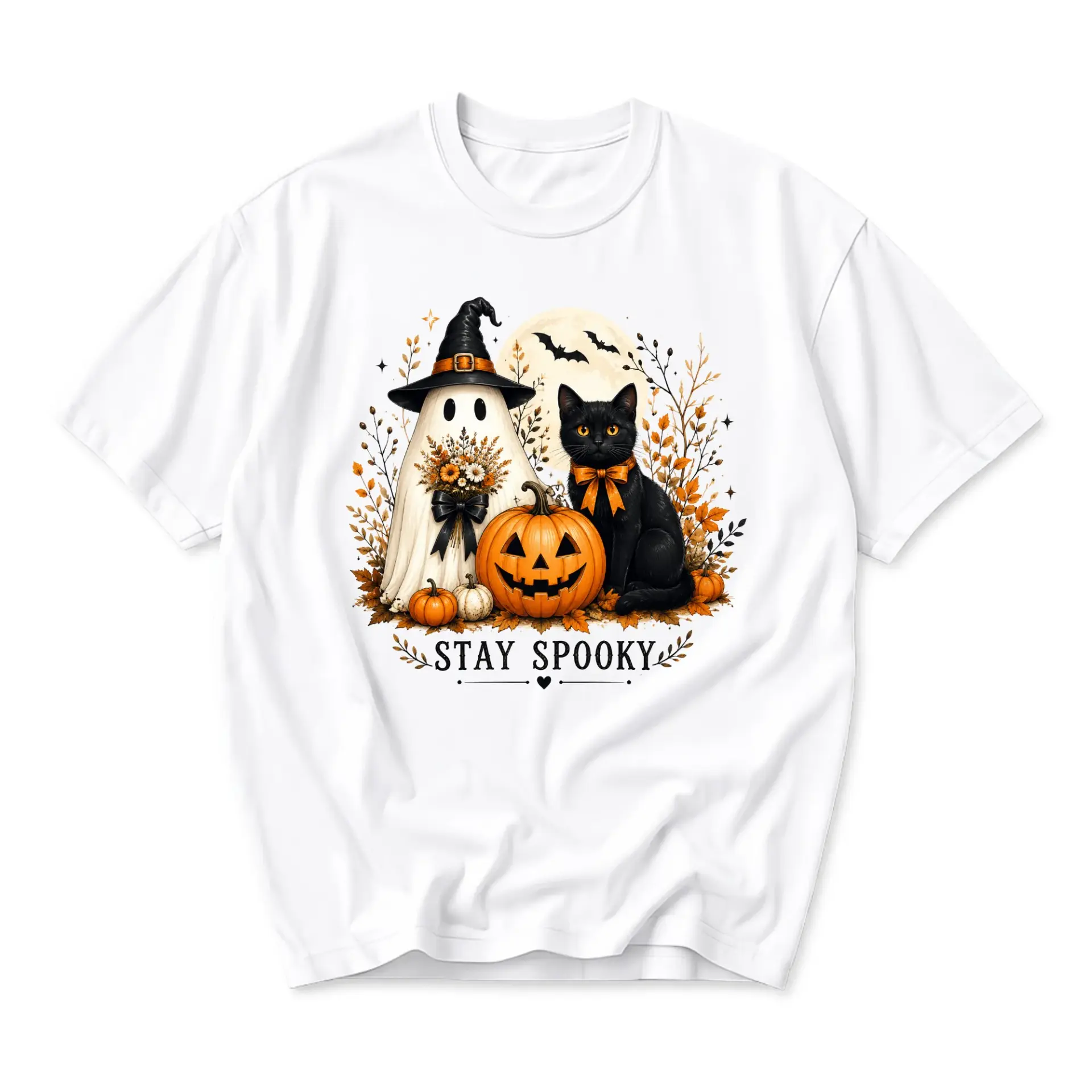 T-shirt Stay Spooky Graphic Tee Halloween Black Cat and Ghost Illustration Unisex Cotton Crew Neck Casual Top