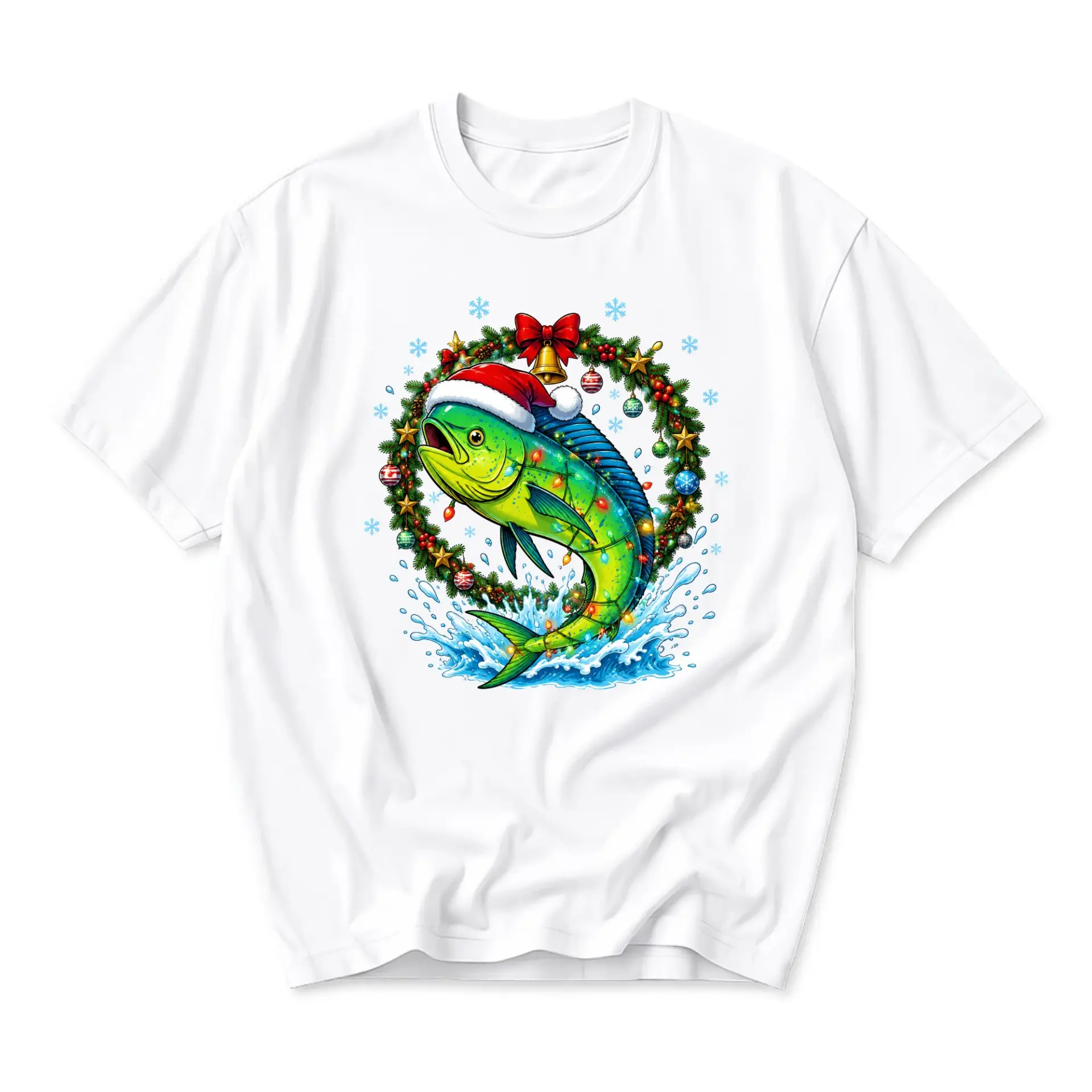 Graphic Tee Unisex Crew Neck T-Shirt Featuring Mahi Fish Wearing Santa Hat and Holiday Christmas Wreath Design
