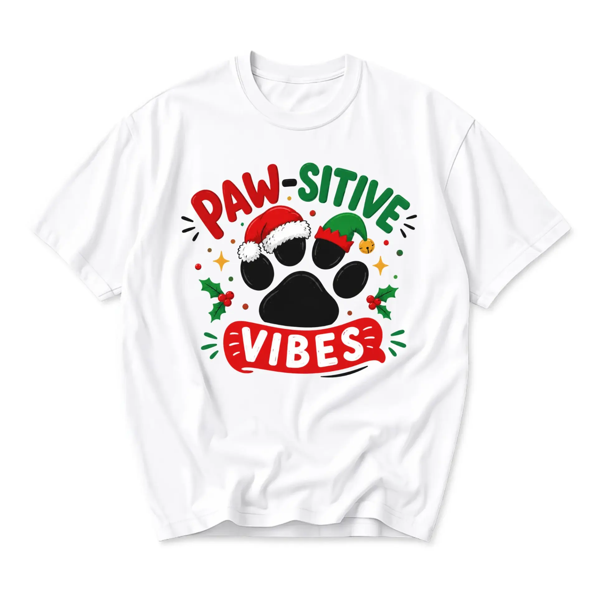 Funny Shirt Paw-Sitive Graphic Tee Holiday Print Unisex Crew Neck Casual