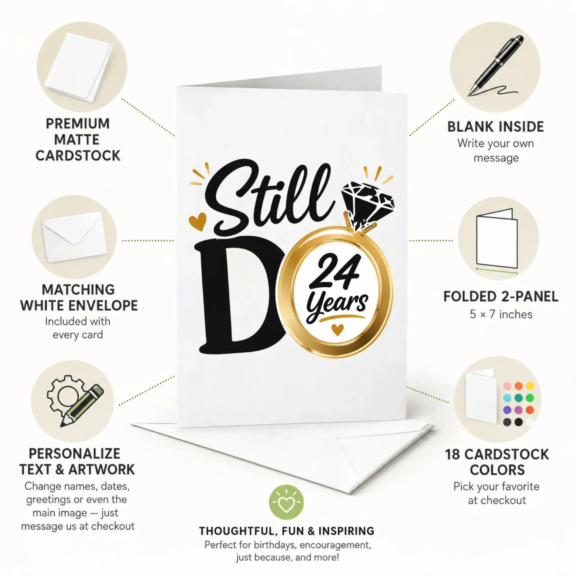 Greeting Card for 24th Wedding Anniversary Still Do Design with Gold Ring Motif and Diamond Illustration for Couples