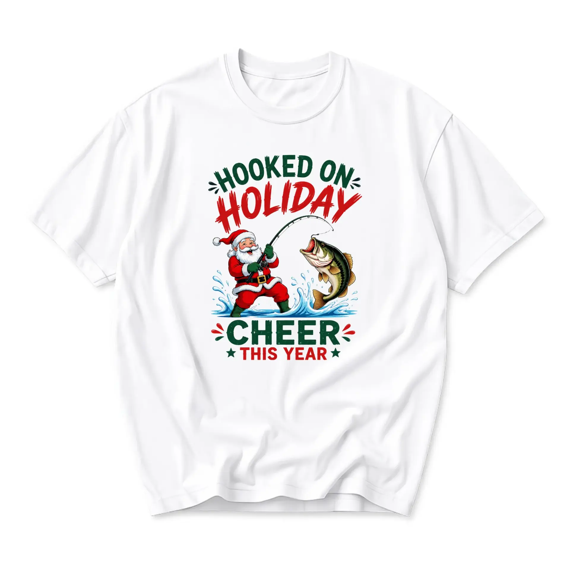 Graphic Tee on Holiday Cheer Fishing Santa Claus Season Casual Short Sleeve