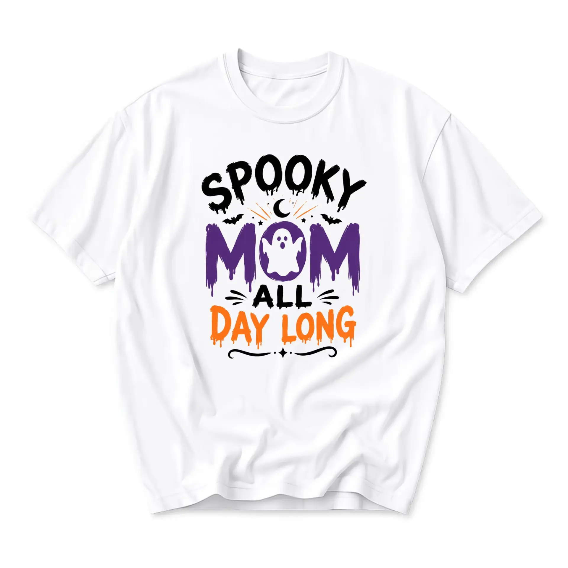 Funny Shirt Spooky Mom All Day Long Graphic Tee Unisex Casual Crew Neck Halloween Themed Cotton Blend Apparel