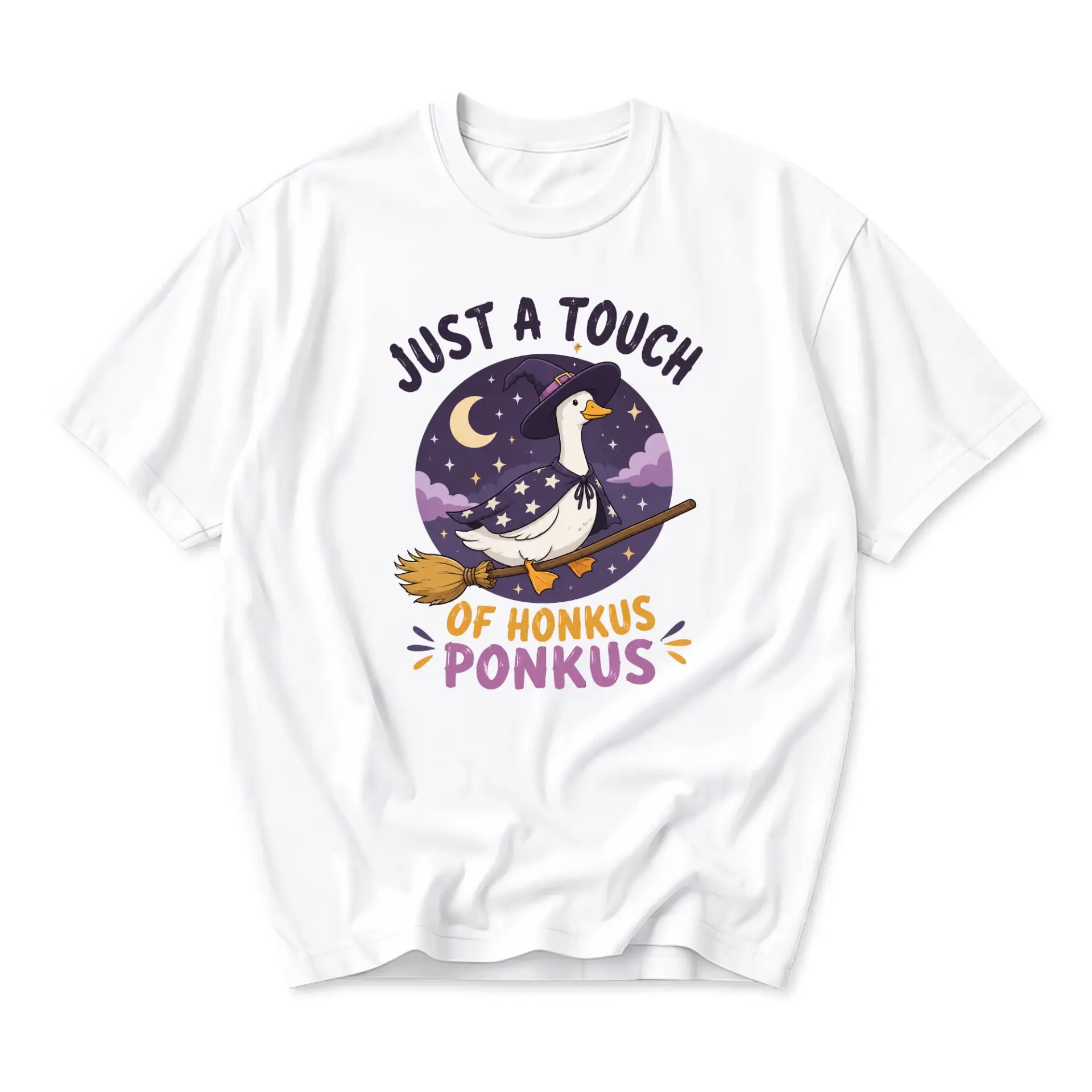 Funny Shirt Featuring a Witch Goose Riding a Broomstick with a Playful Magical Pun Graphic for Casual Everyday Wear