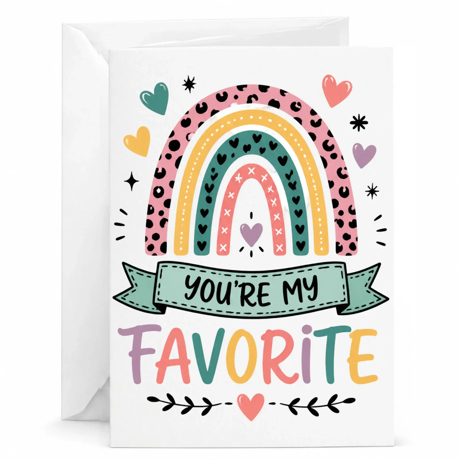 Greeting Card You Are My Favorite Rainbow Design with Hearts and Cute Boho Style Graphics for Sending Warm Wishes