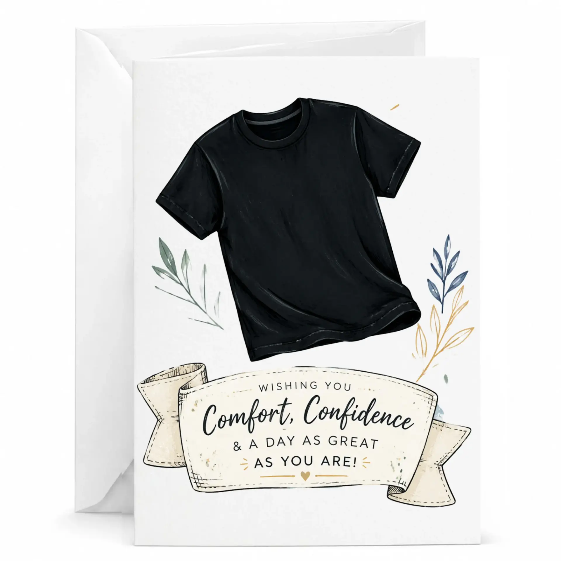 Greeting Card with Black T-Shirt Illustration and Encouraging Message for Friends and Family Members