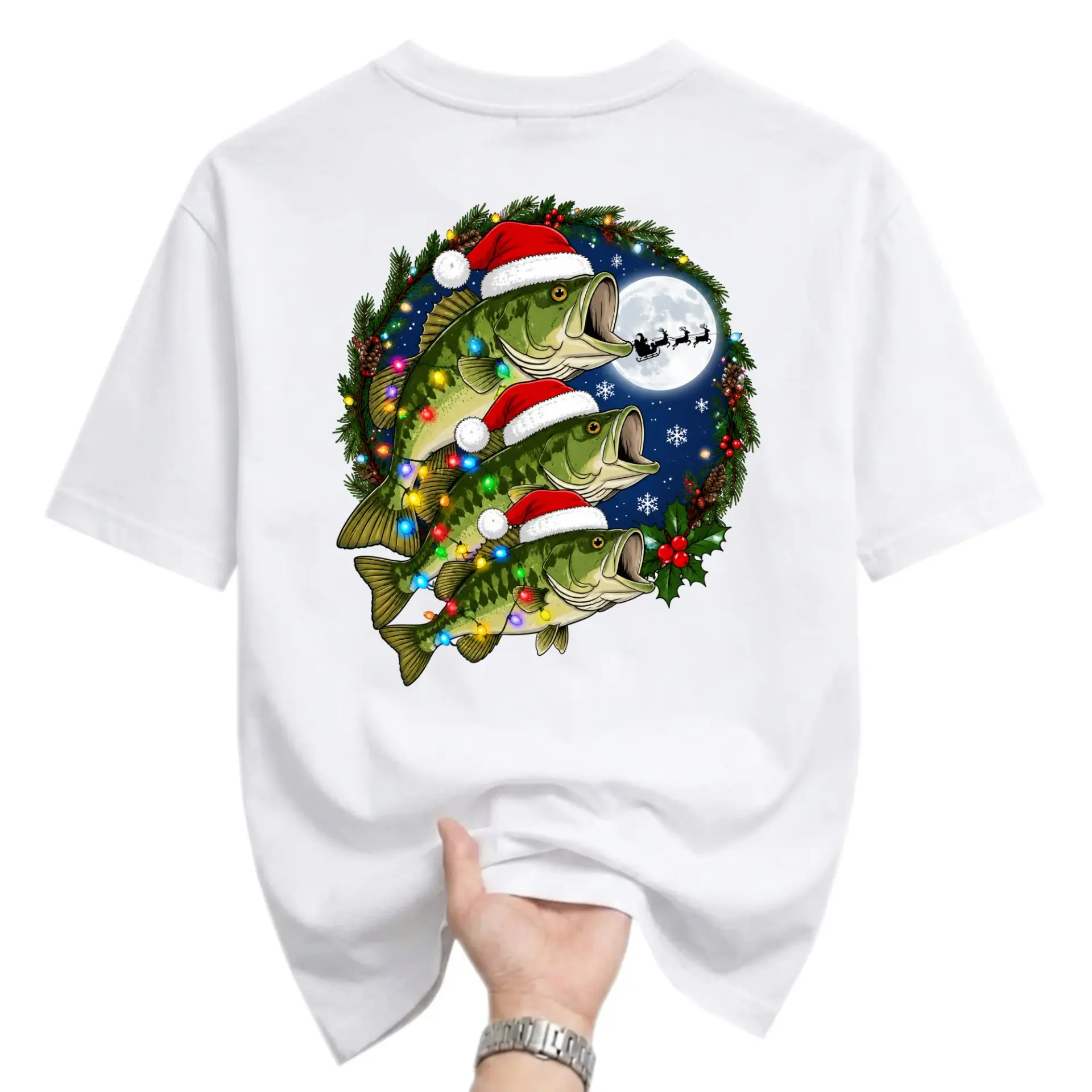 Funny Shirt Christmas Fishing Three Wearing Santa Hats Graphic Tee Seasonal Holiday Unisex Casual Crew Neck Top