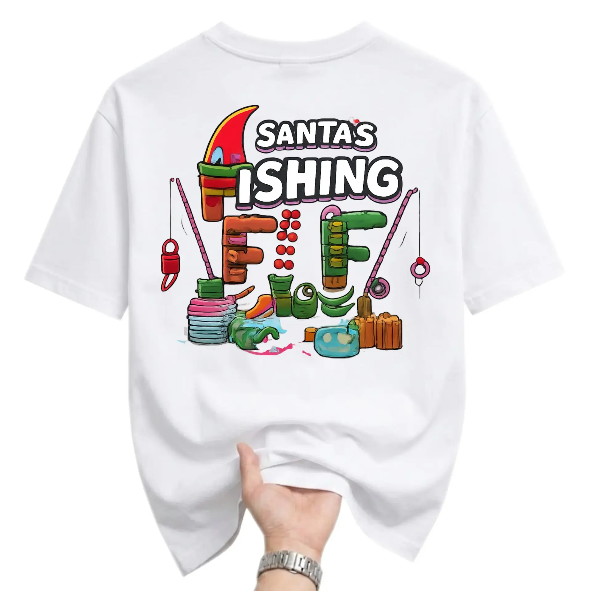 Funny Shirt Santa Fishing Graphic Tee Unisex Holiday Crew Neck Casual Apparel for Seasonal Humor Wear