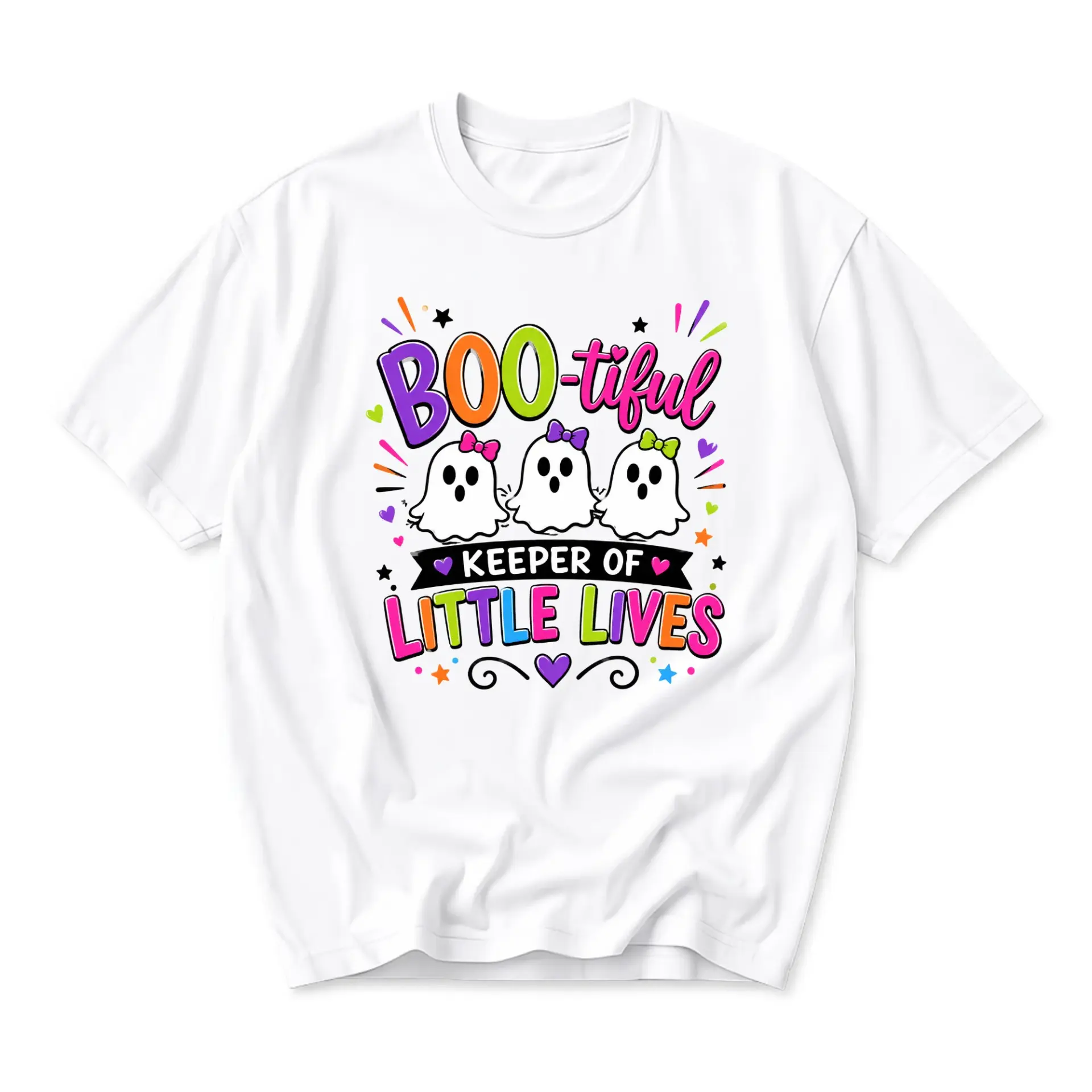 Funny Shirt Boo-Tiful Keeper of Little Lives Ghost Graphic Tee Casual Unisex Crew Neck Seasonal Print Top White