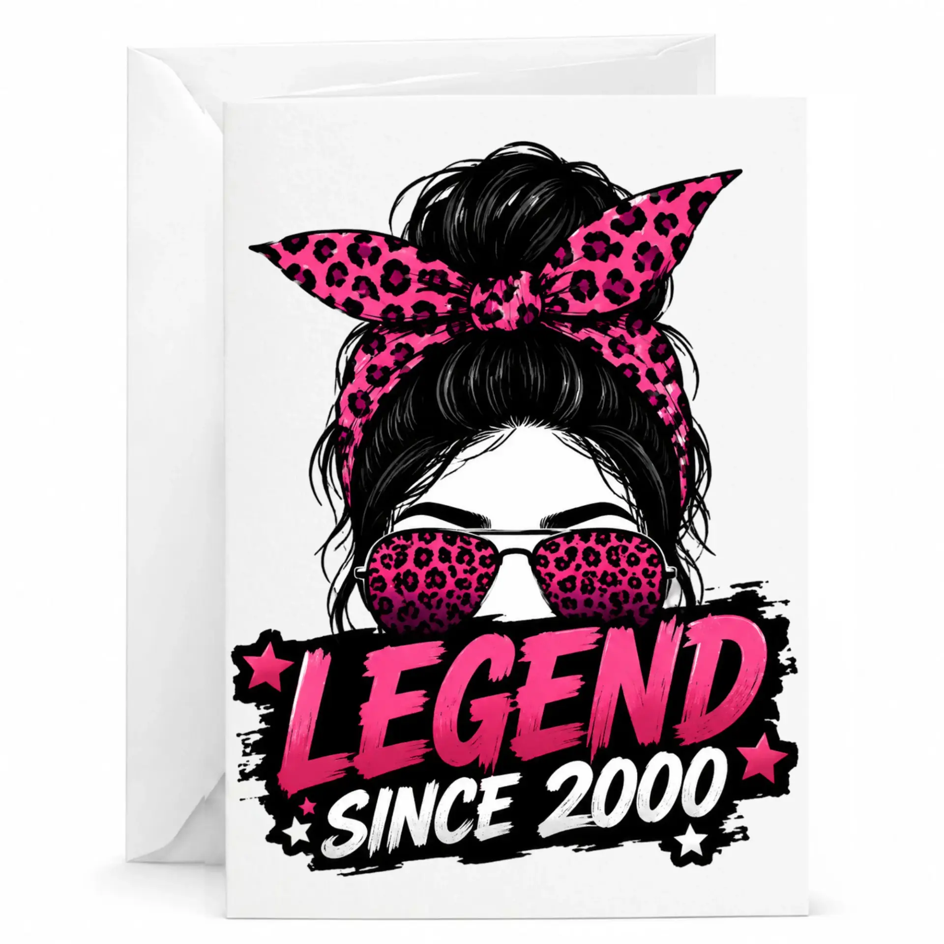 Birthday Card Legend Since 2000 Funny Leopard Print Messy Bun Design Premium Greeting Card with Matching White Envelope