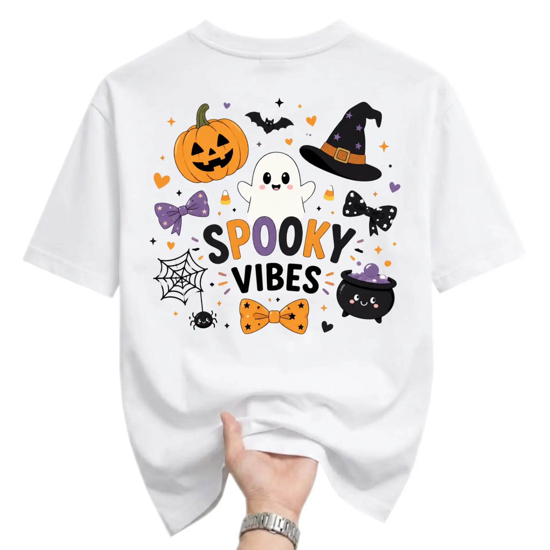 Graphic Tee Spooky Vibes Halloween Shirt Cute Ghost Pumpkin Witch Hat Print Unisex Casual Crew Neck Apparel