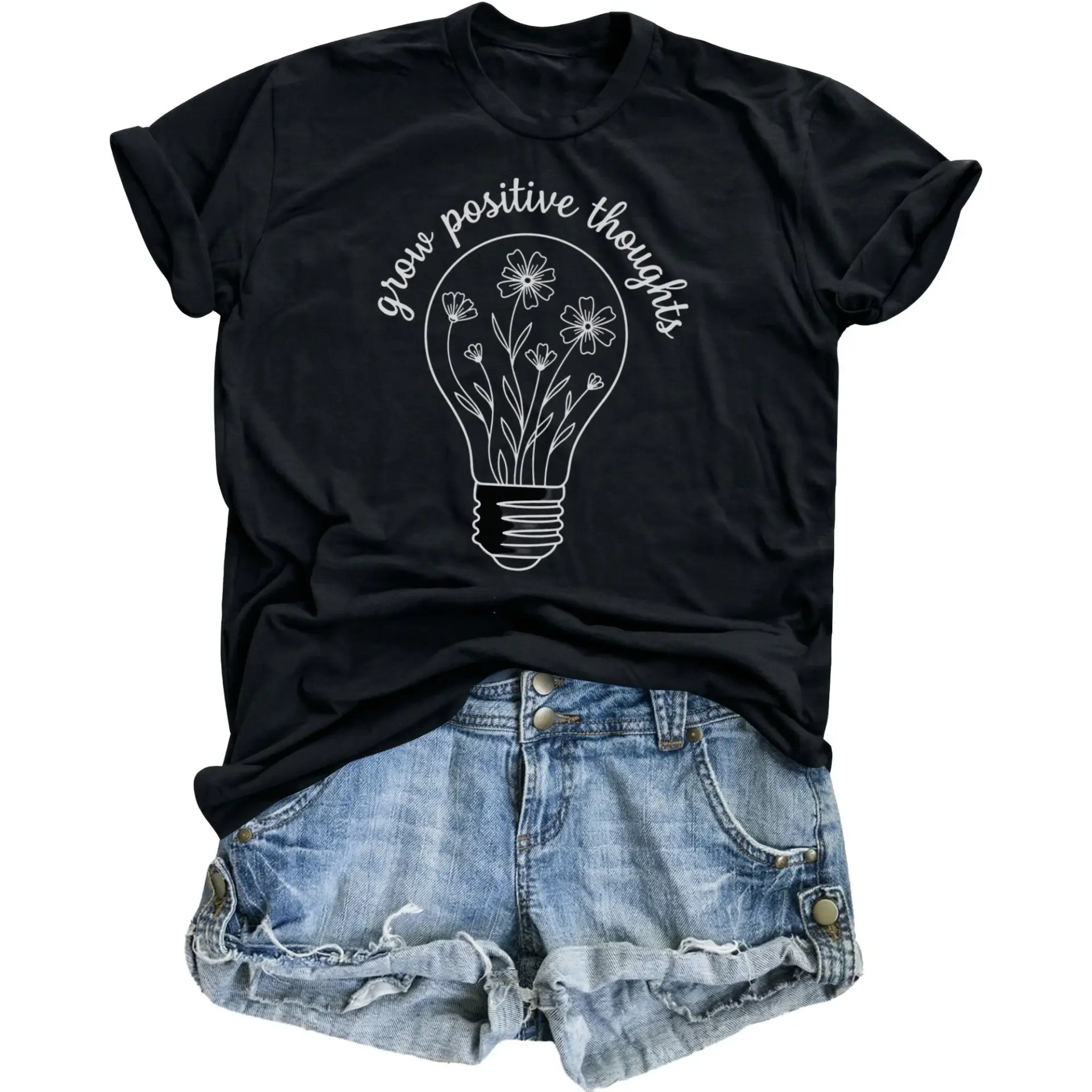 Graphic Tee Grow Positive Thoughts Light Bulb Inspirational Quote Unisex Cotton Blend Crew Neck Casual Shirt