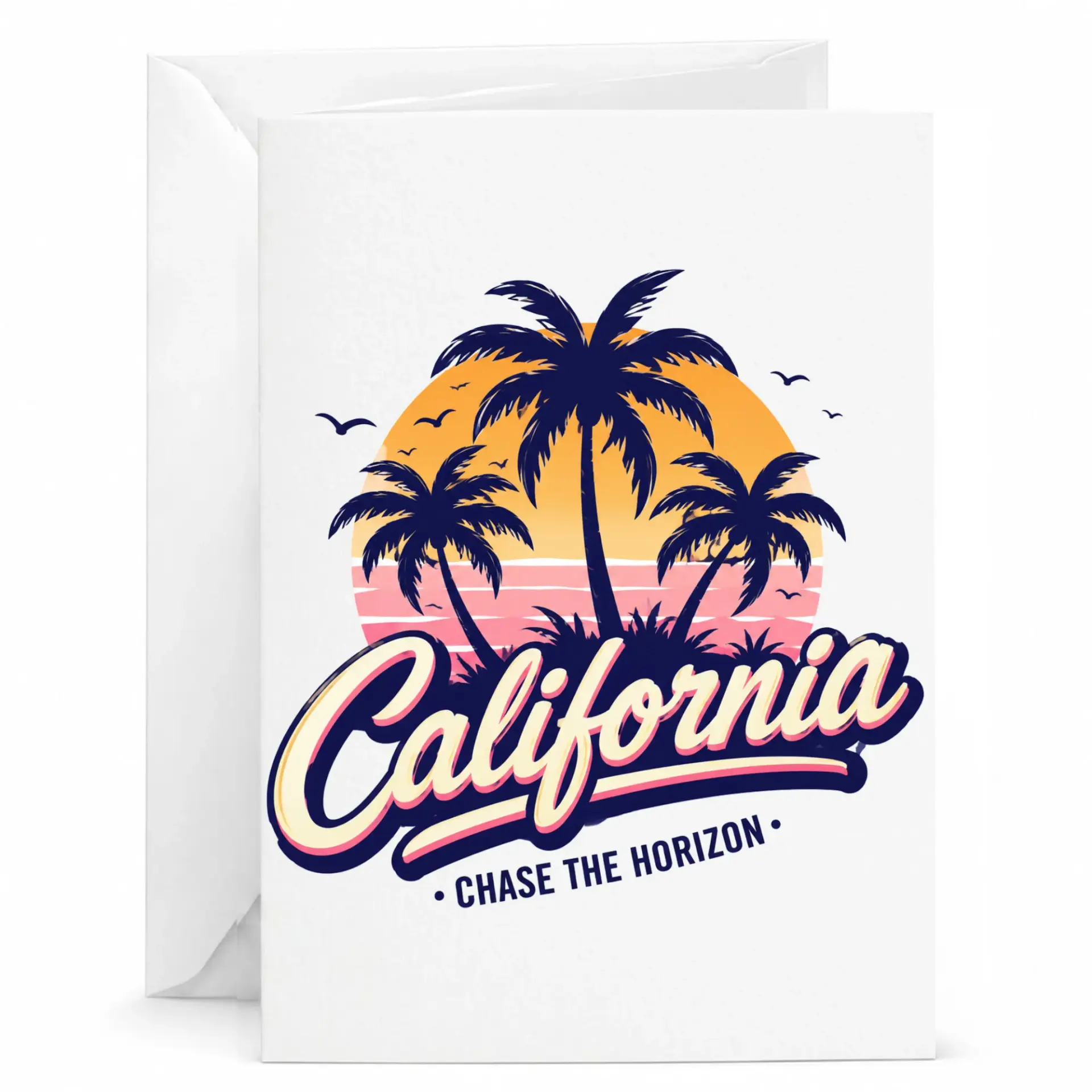 California Chase the Horizon Greeting Card Coastal Palm Trees Summer Sunset Note Card for Travel Lovers and Vacationers