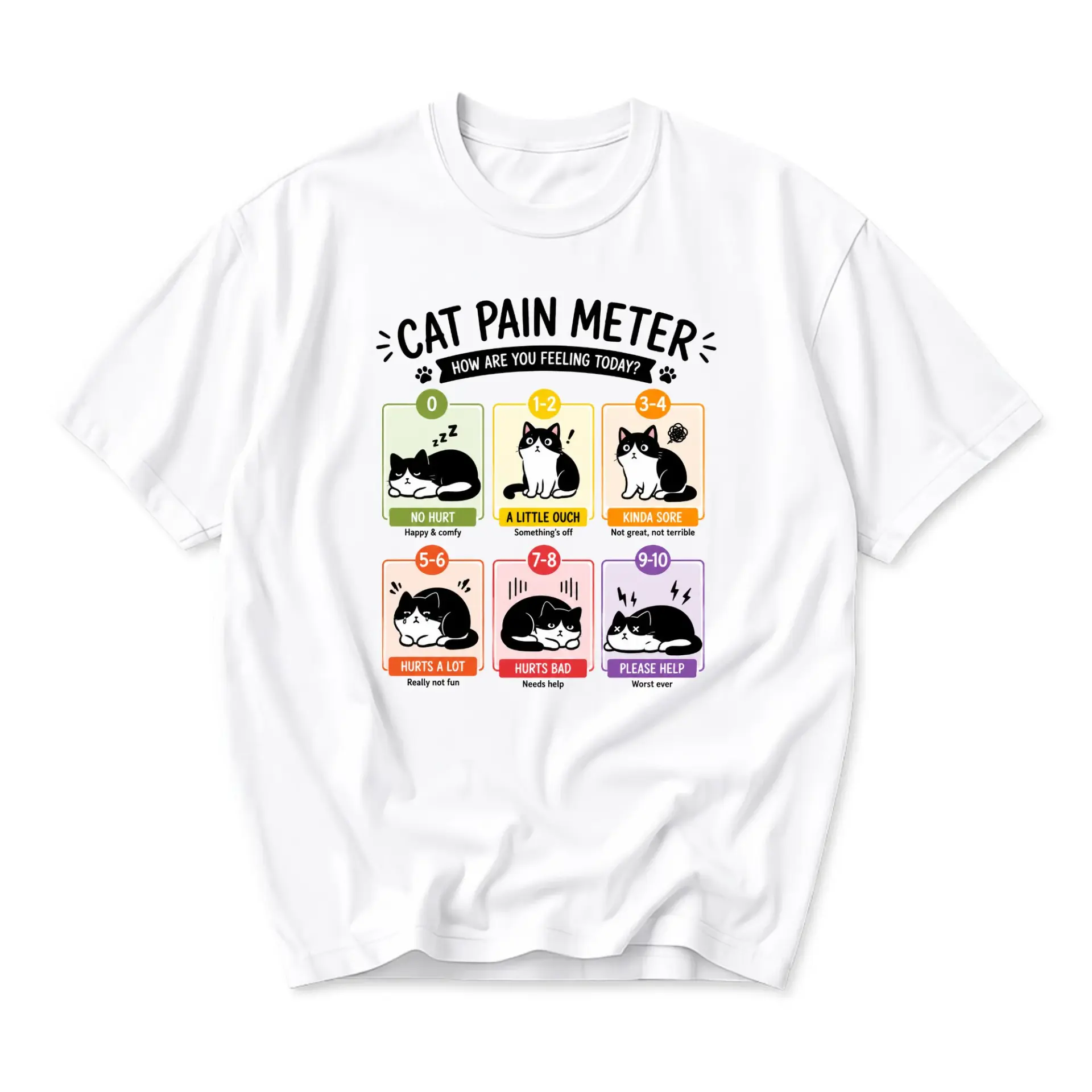 Funny Shirt Cat Pain Meter Graphic Tee Humorous Animal Expression Unisex Crew Neck Short Sleeve Cotton Casual Top