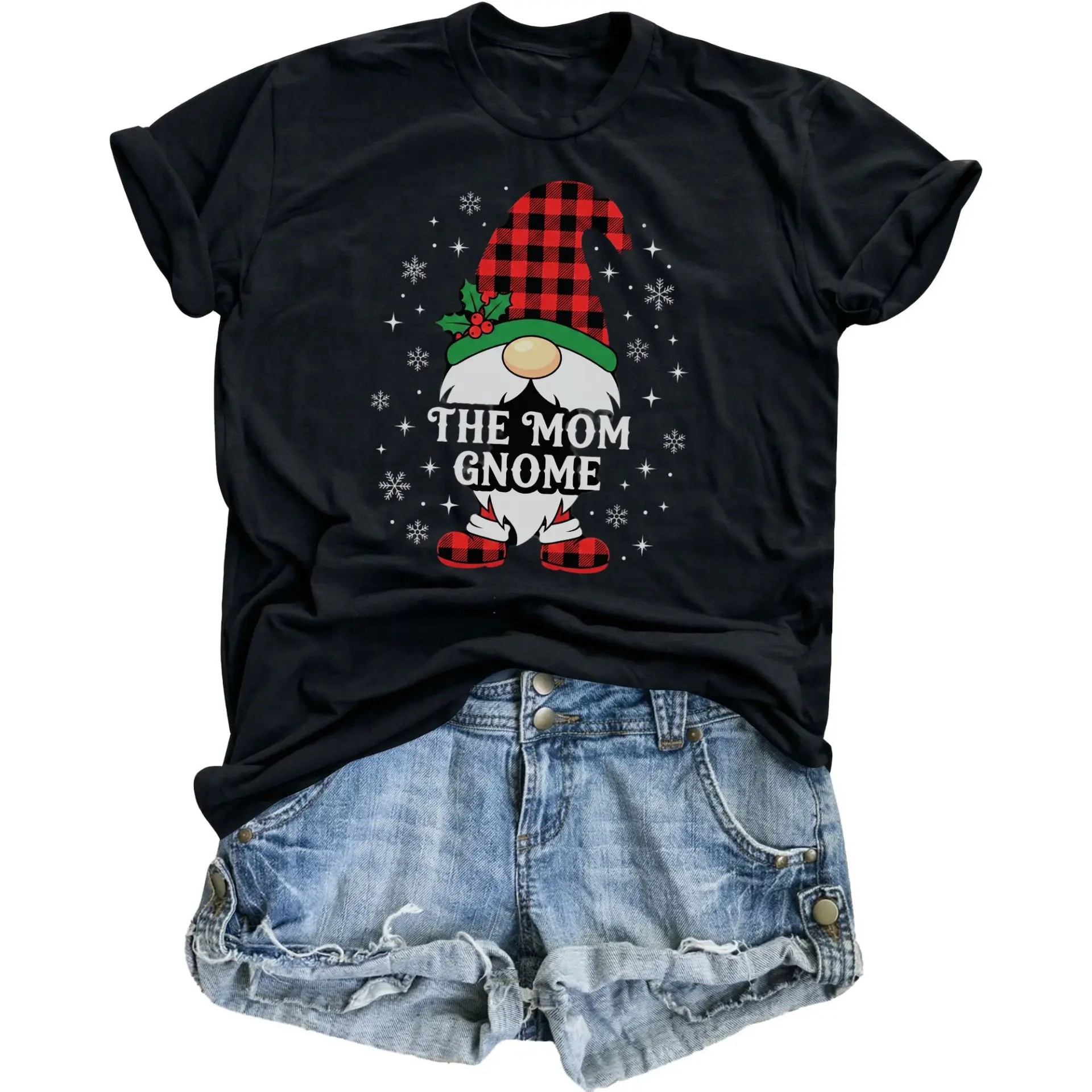T-shirt the Mom Gnome Funny Holiday Graphic Tee Seasonal Winter Plaid Pattern Casual Unisex Short Sleeve Top