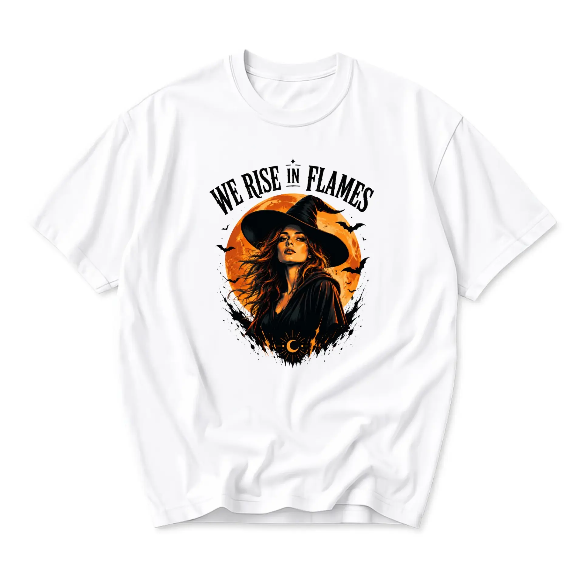 Graphic Tee We Rise in Flames Witch Illustration Casual Unisex Crew Neck Short Sleeve Soft Cotton Apparel Everyday Top
