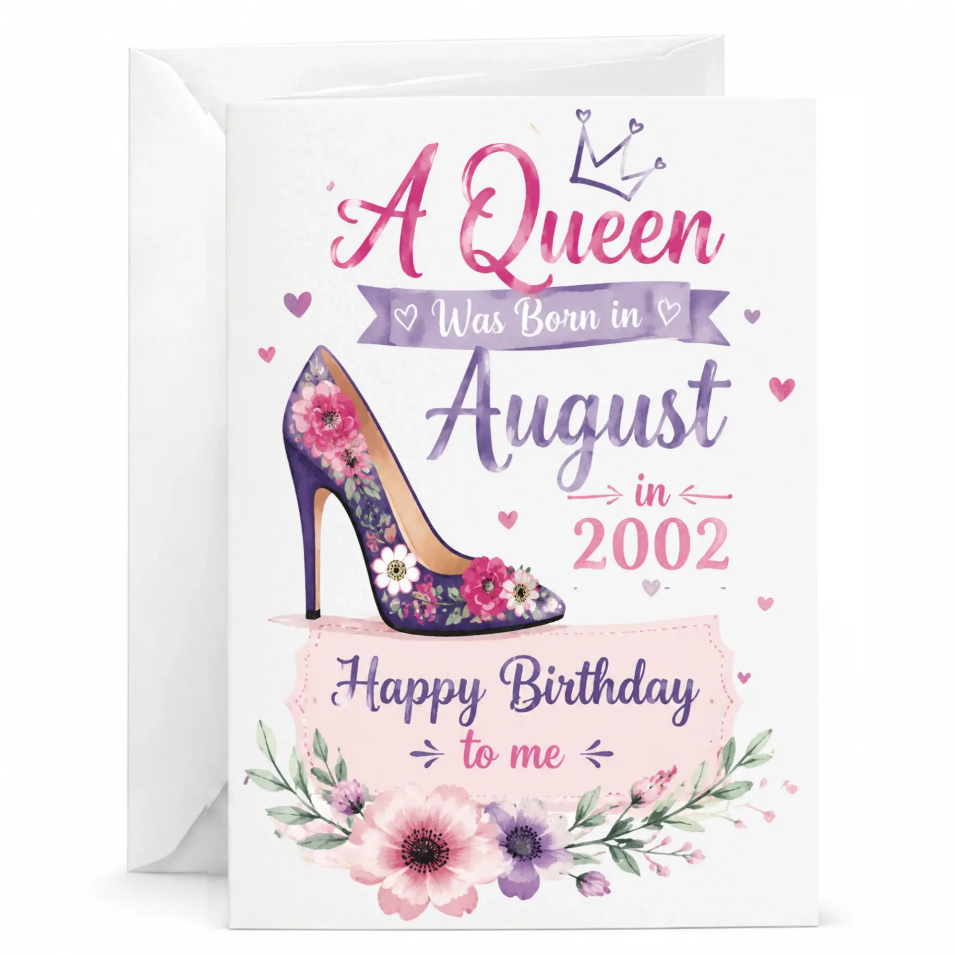 Birthday Card for August Born Queen Floral Stiletto High Heel Design Printed Greeting Card with Matching White Envelope