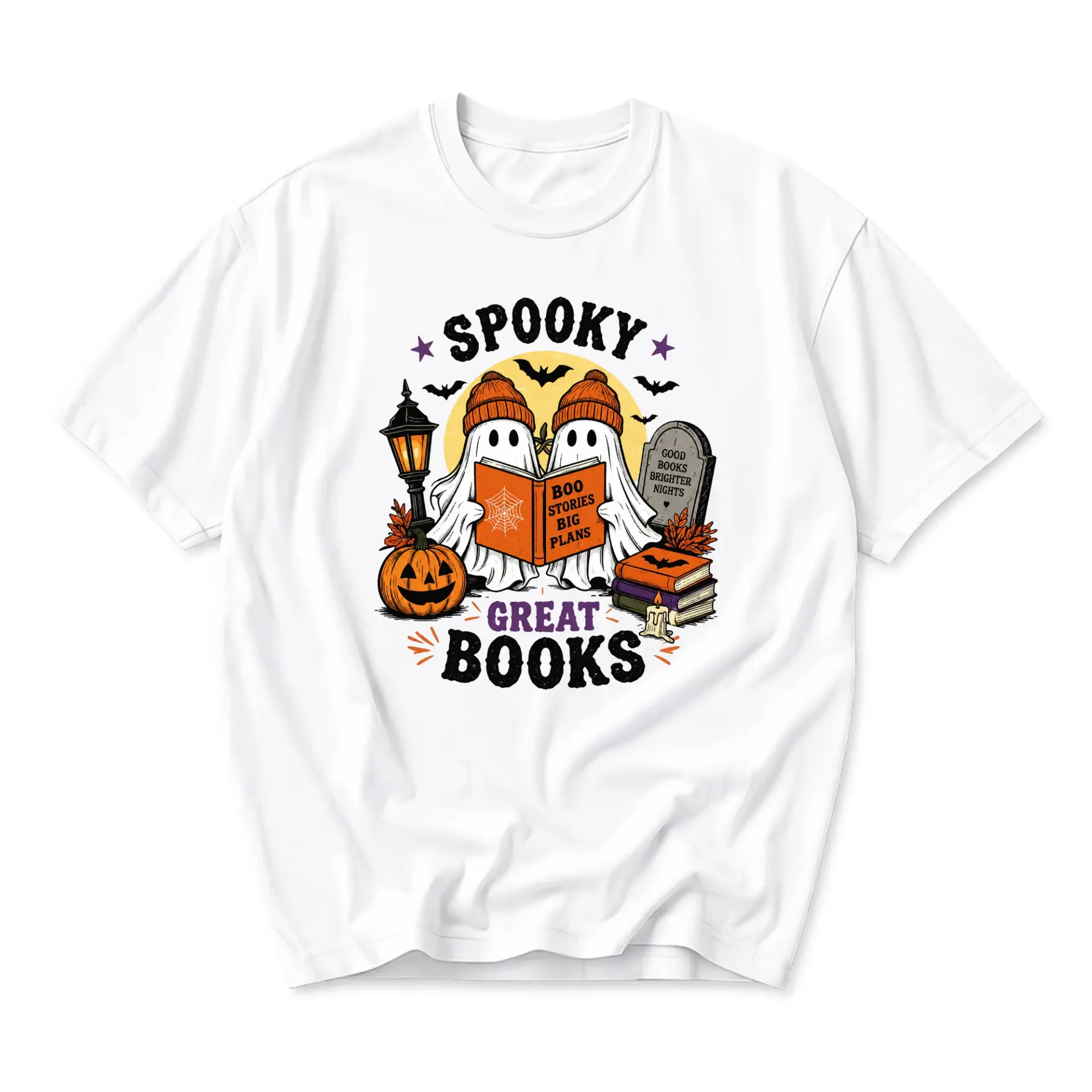 Graphic Tee Spooky Great Books Ghost Readers Autumn Season Shirt Unisex Crew Neck Apparel for Casual Fall Outfits