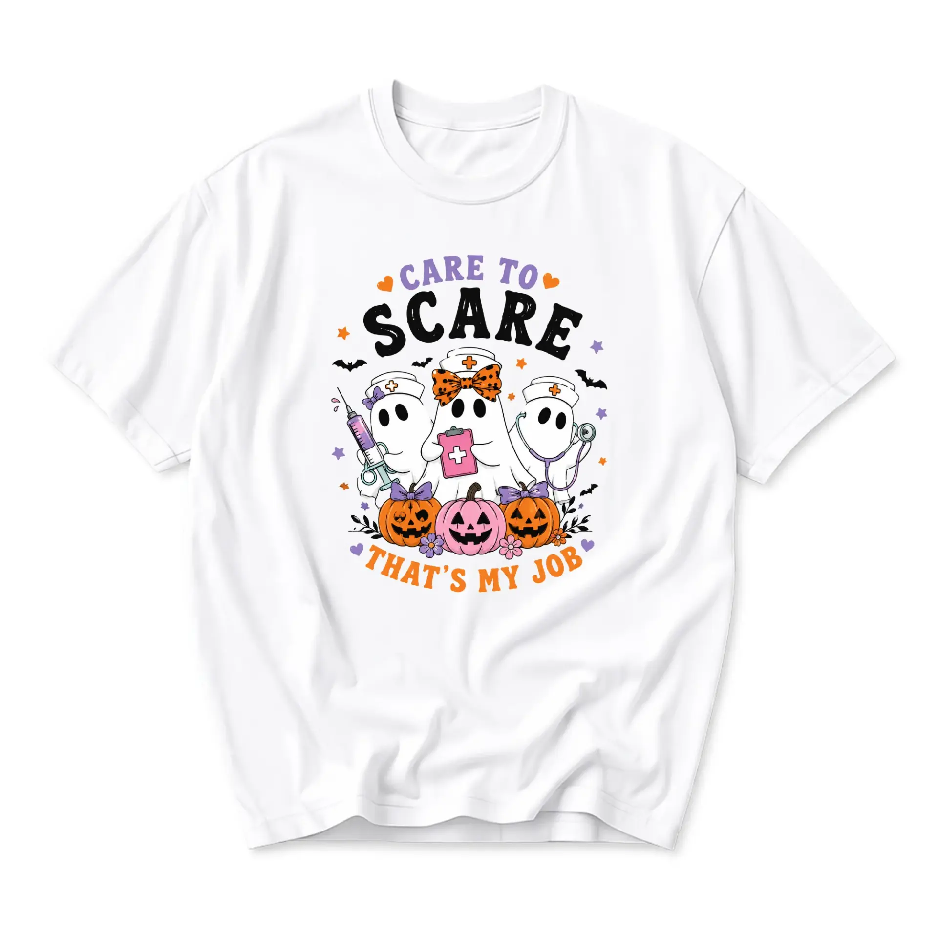 Funny Shirt Care to Scare Thats My Job Halloween Ghost Nurse Graphic Tee Casual Crew Neck Unisex Cotton Top