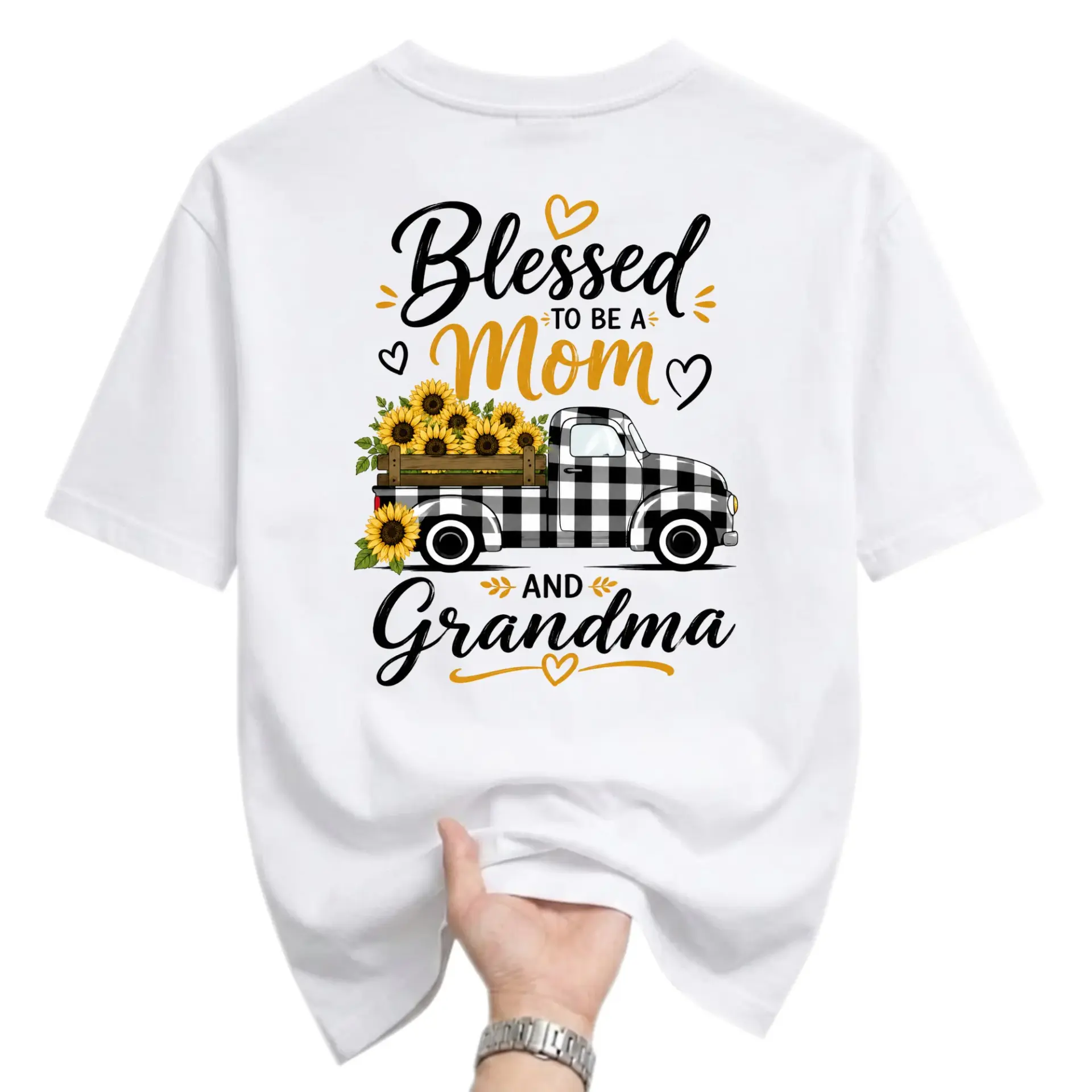 Graphic Tee Blessed to Be a Mom and Grandma Sunflower Truck Print Unisex Short Sleeve Crew Neck Casual Cotton Shirt