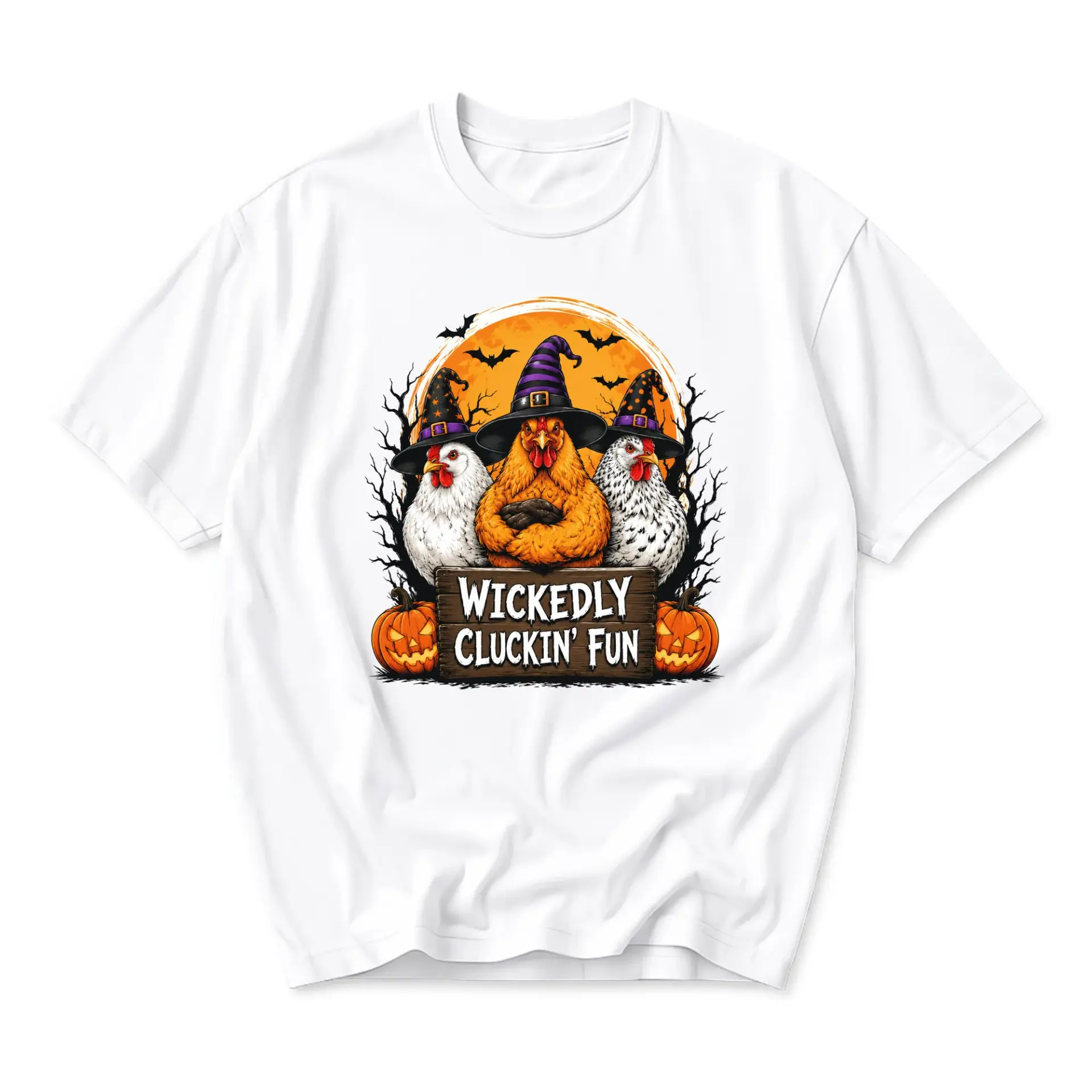 Funny Shirt Wickedly Cluckin Fun Chicken Halloween Graphic Tee Unisex Crew Neck Casual Cotton Blend Short Sleeve Top
