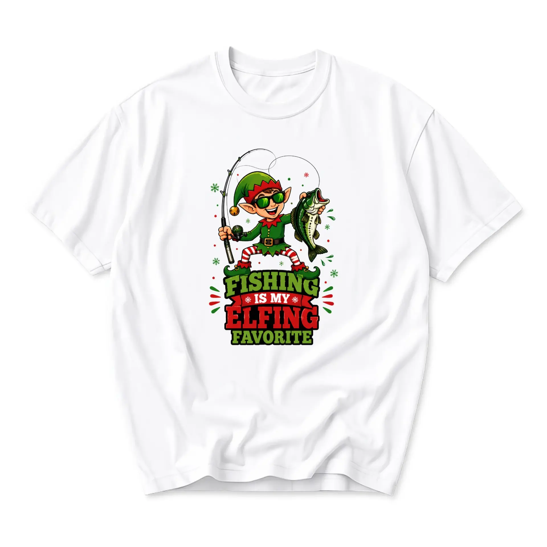 Funny Shirt Fishing Is My Elfing Favorite Holiday Graphic Tee Unisex Casual Cotton Crew Neck Short Sleeve Top