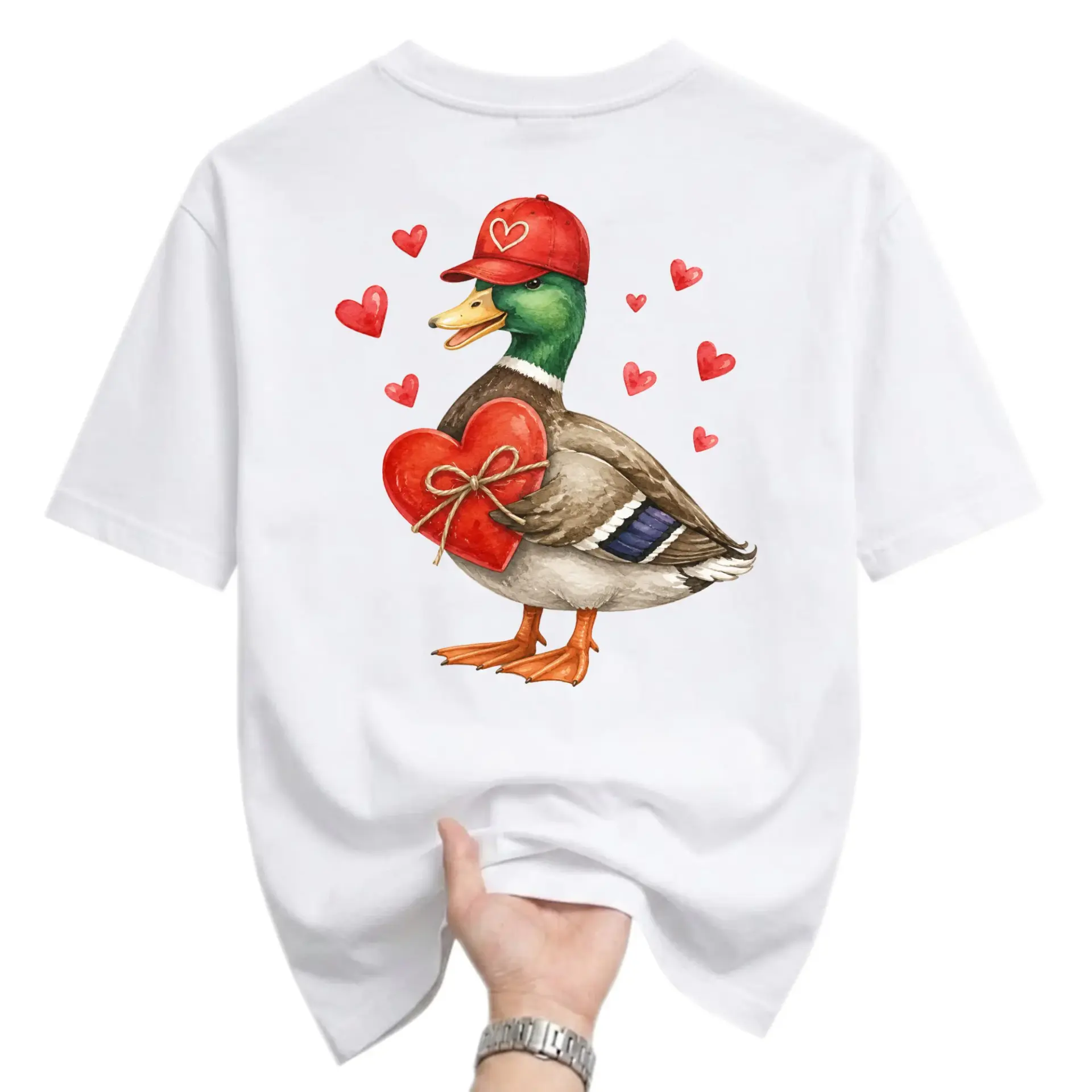 Graphic Tee Duck Wearing Red Baseball Cap Holding a Heart Illustration Unisex Casual Crew Neck Soft Cotton Shirt