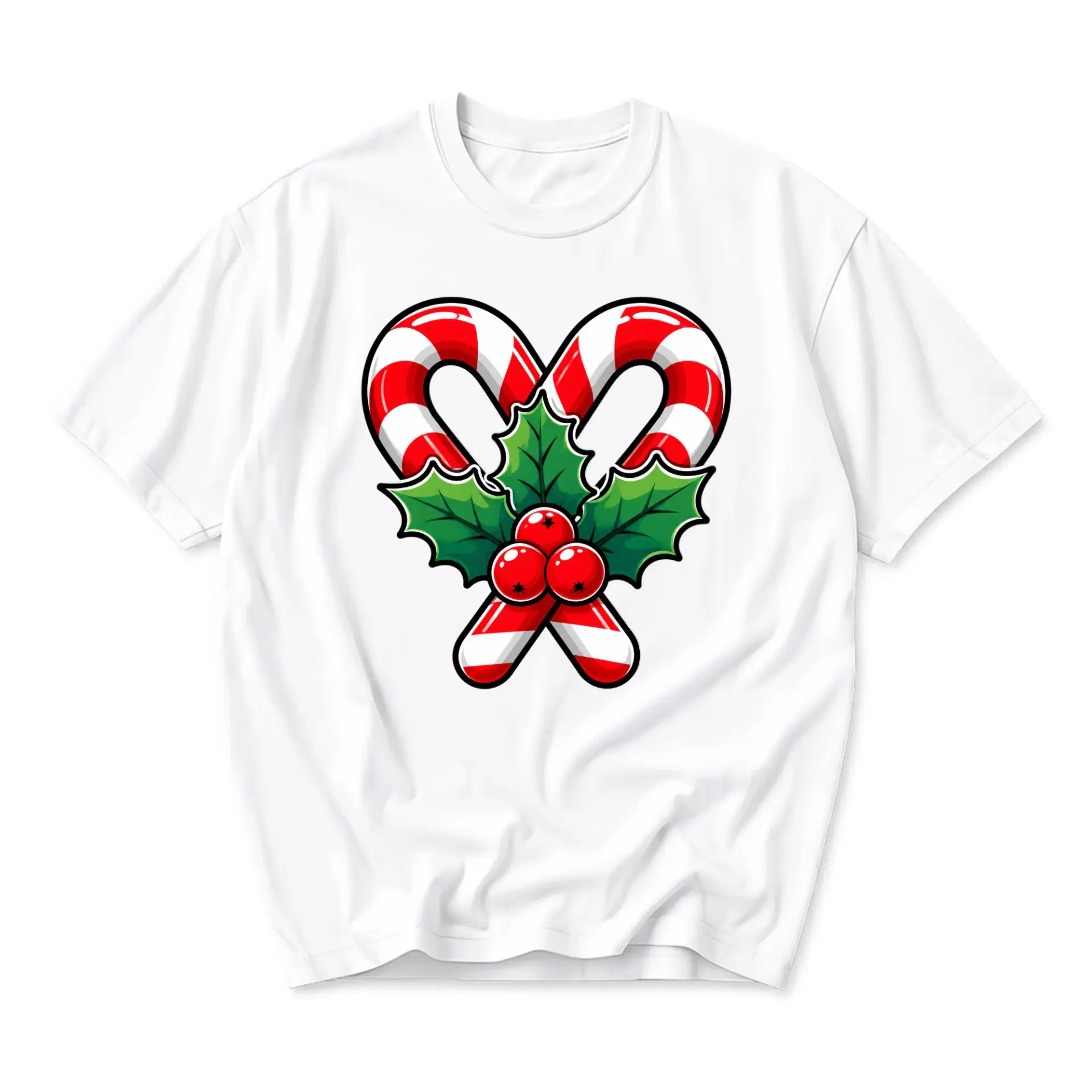 Graphic Tee Candy Cane and Holly Holiday Art Unisex Crew Neck T-Shirt for