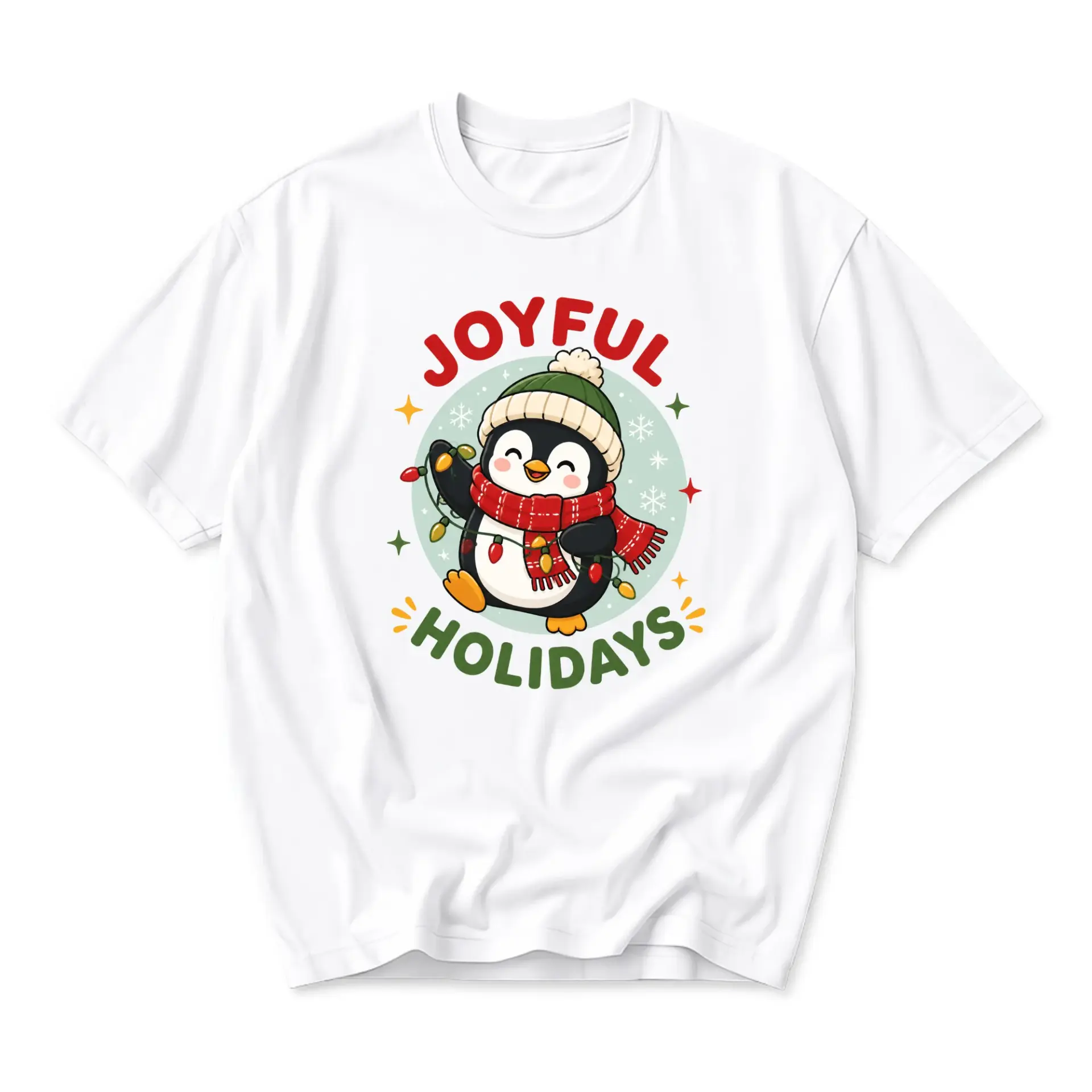 Graphic Tee Joyful Holidays Penguin Print Unisex Casual Crew Neck T-Shirt for Seasonal Celebration and Everyday Wear