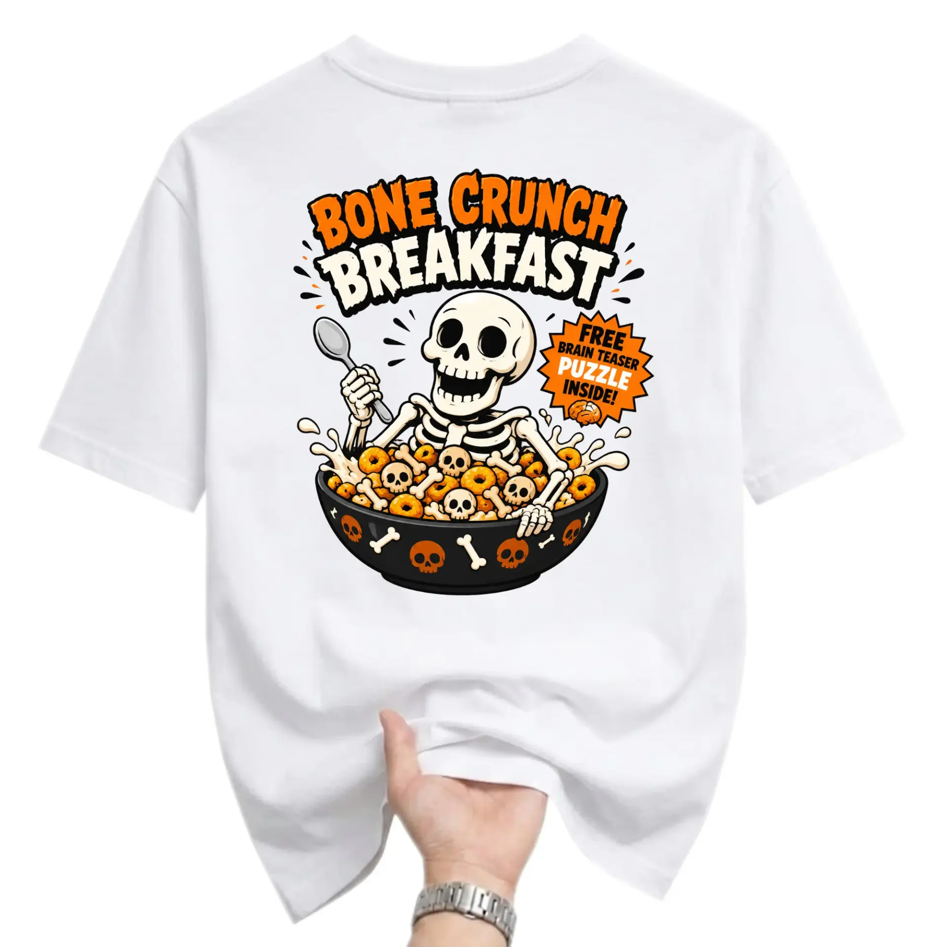 Graphic Tee Bone Crunch Breakfast Skeleton Bowl Unisex Crew Neck Short Sleeve Casual Fashion Cotton T-Shirt White