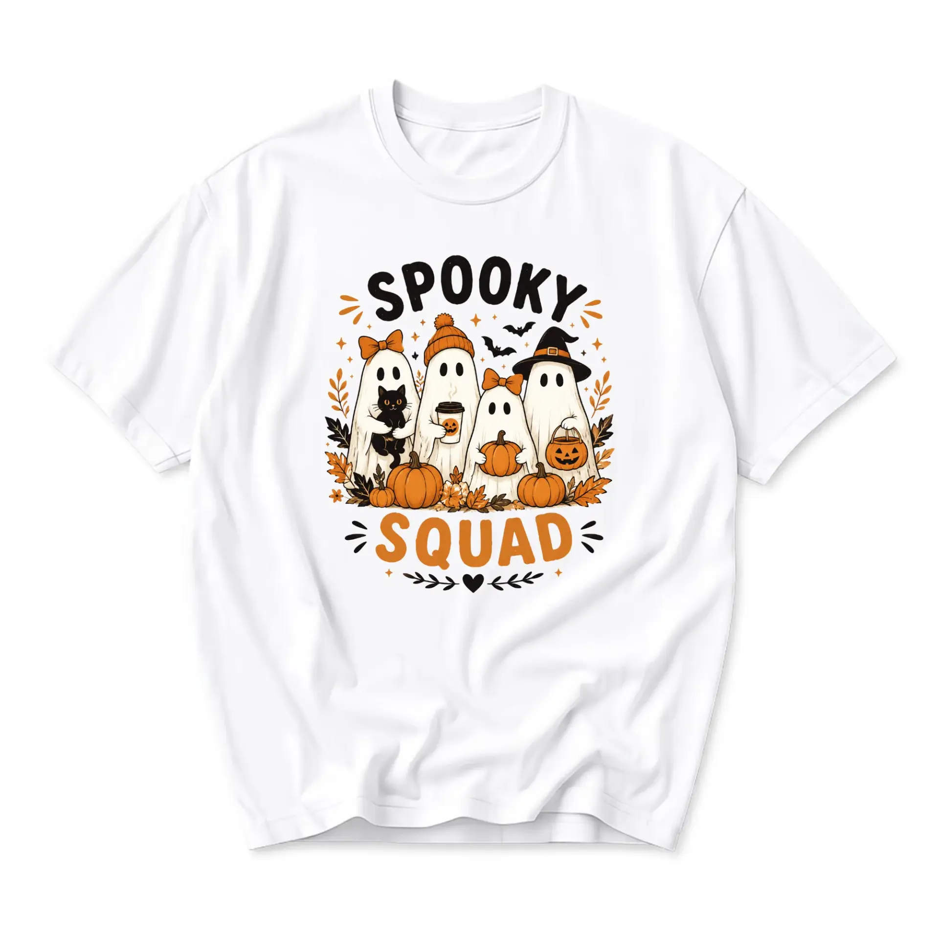 Graphic Tee Spooky Squad Cute Ghost Illustration Unisex Crew Neck Short Sleeve Cotton Blend Casual Fall Shirt