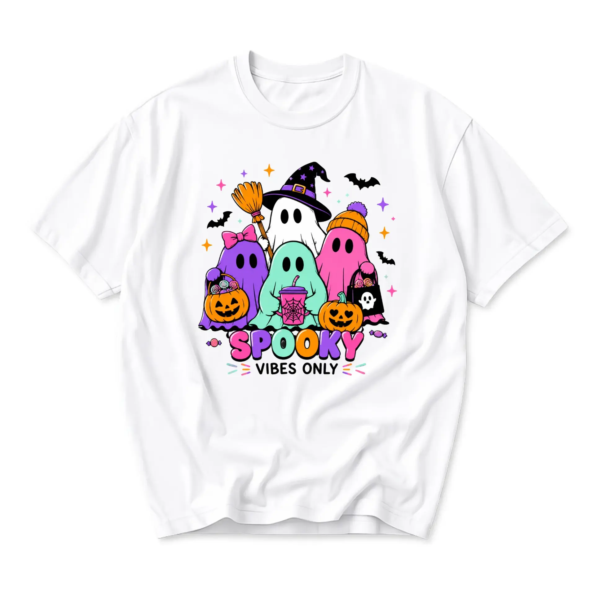 Funny Shirt Spooky Vibes Only Graphic Tee Seasonal Halloween Apparel Unisex Casual Short Sleeve Crew Neck Cotton Top
