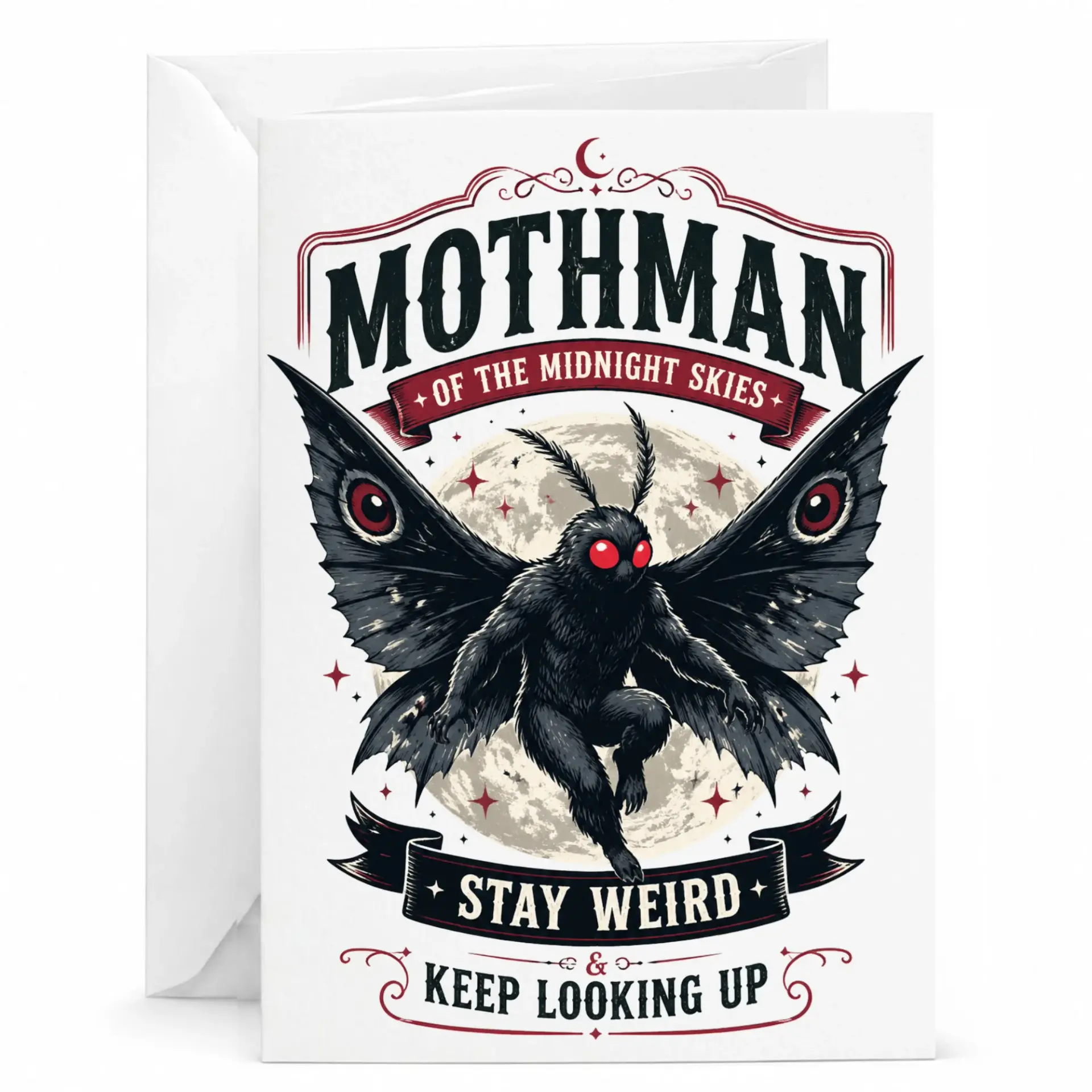 Funny Mothman Greeting Card Midnight Skies Cryptid Artwork for Enthusiasts and Fans of