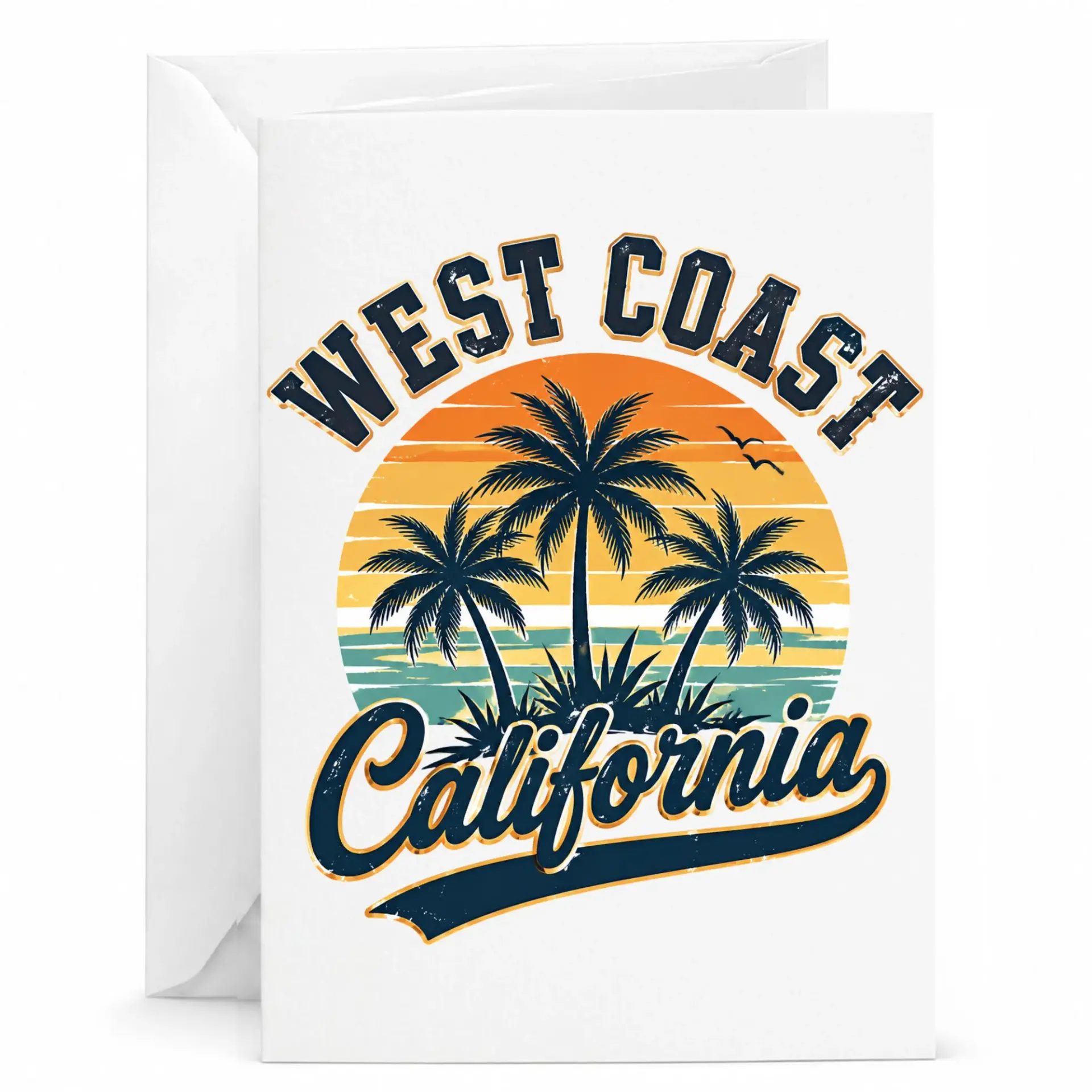 West Coast California Greeting Card Vintage Sunset Palm Tree Illustration Note Card for Special Occasions and Messages