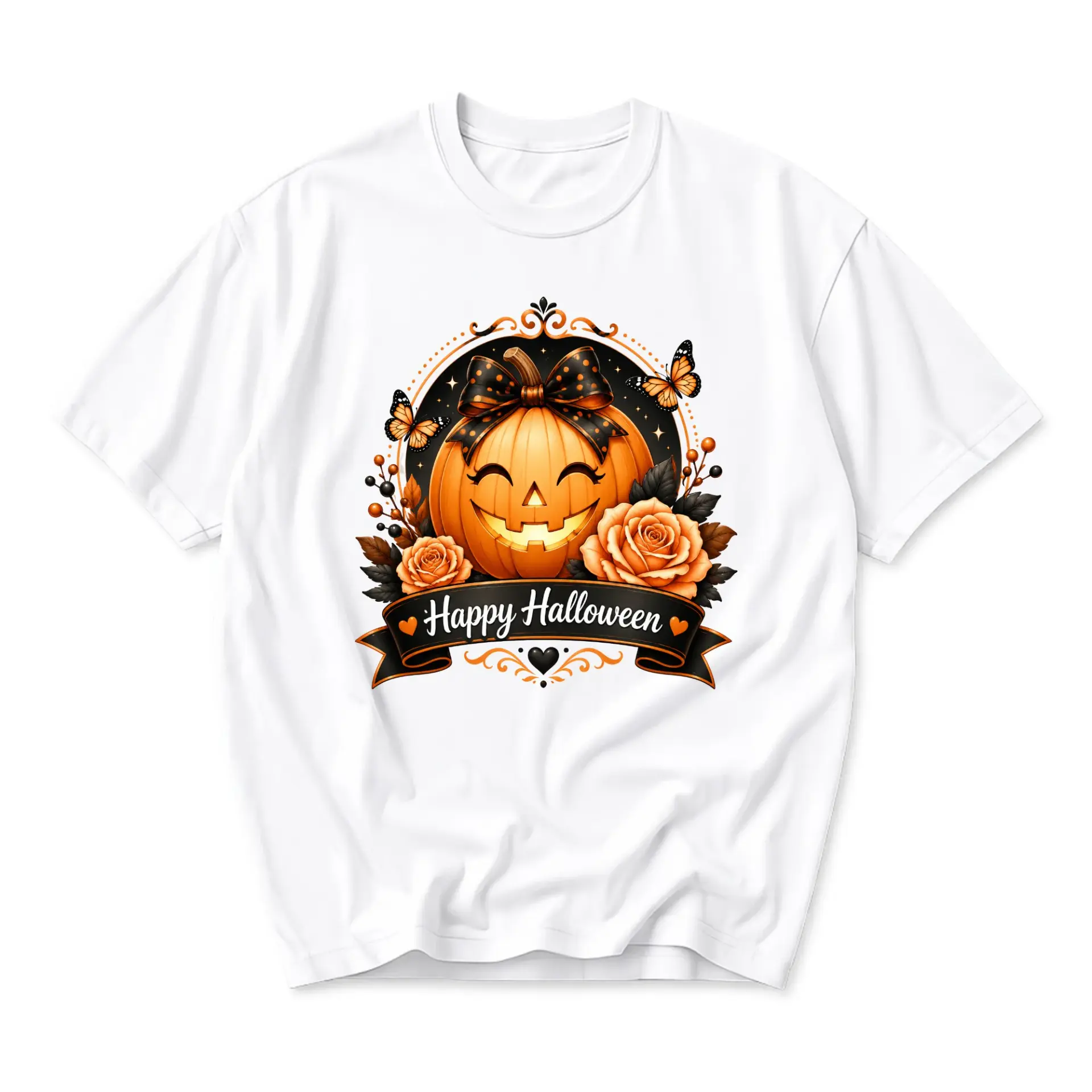 Graphic Tee Happy Halloween Pumpkin Floral Design Unisex Crew Neck Short Sleeve Shirt for Casual Seasonal Wear