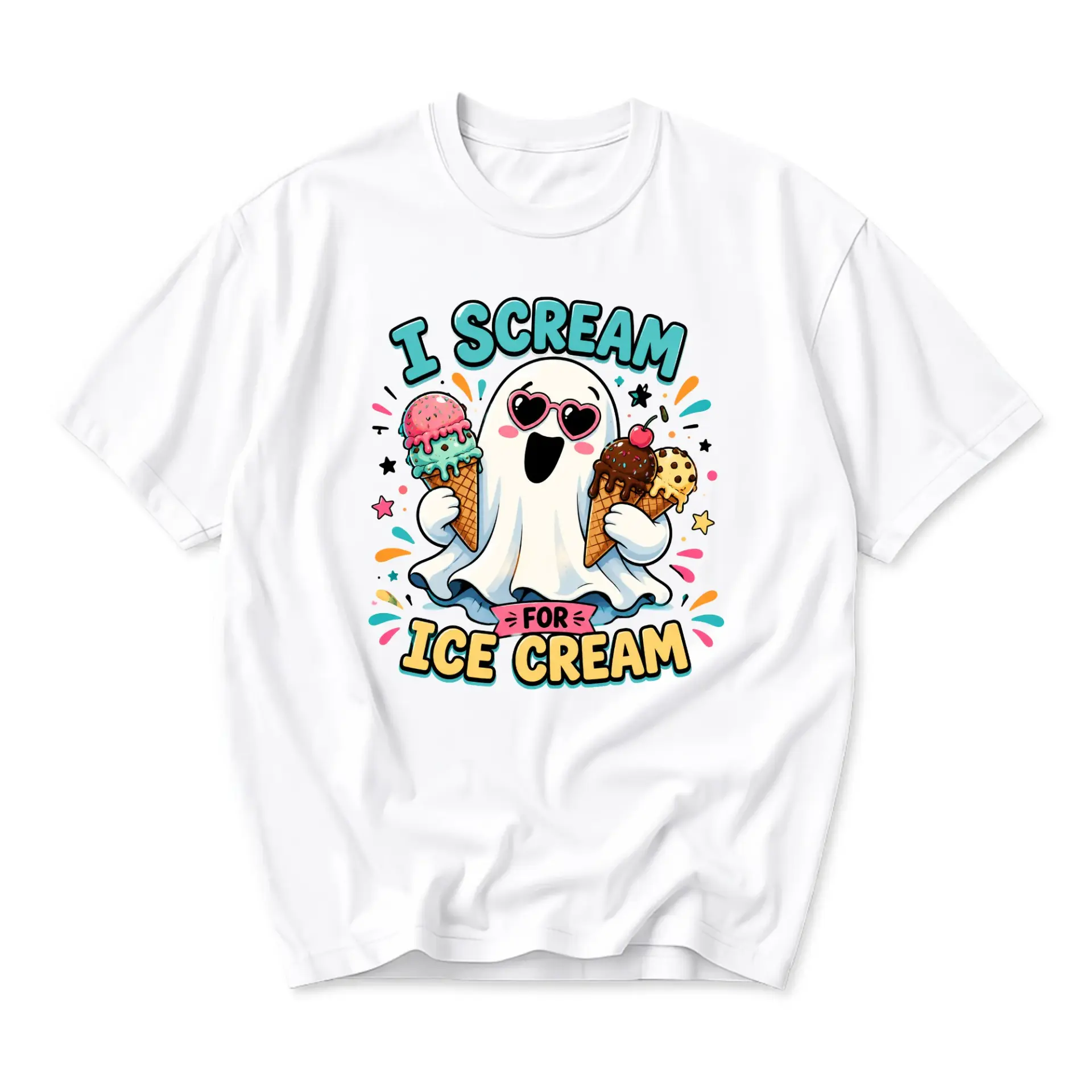 Funny Shirt I Scream for Ice Cream Ghost Graphic Tee Unisex Crew Neck Casual Everyday Wear Soft Cotton Blend White Top