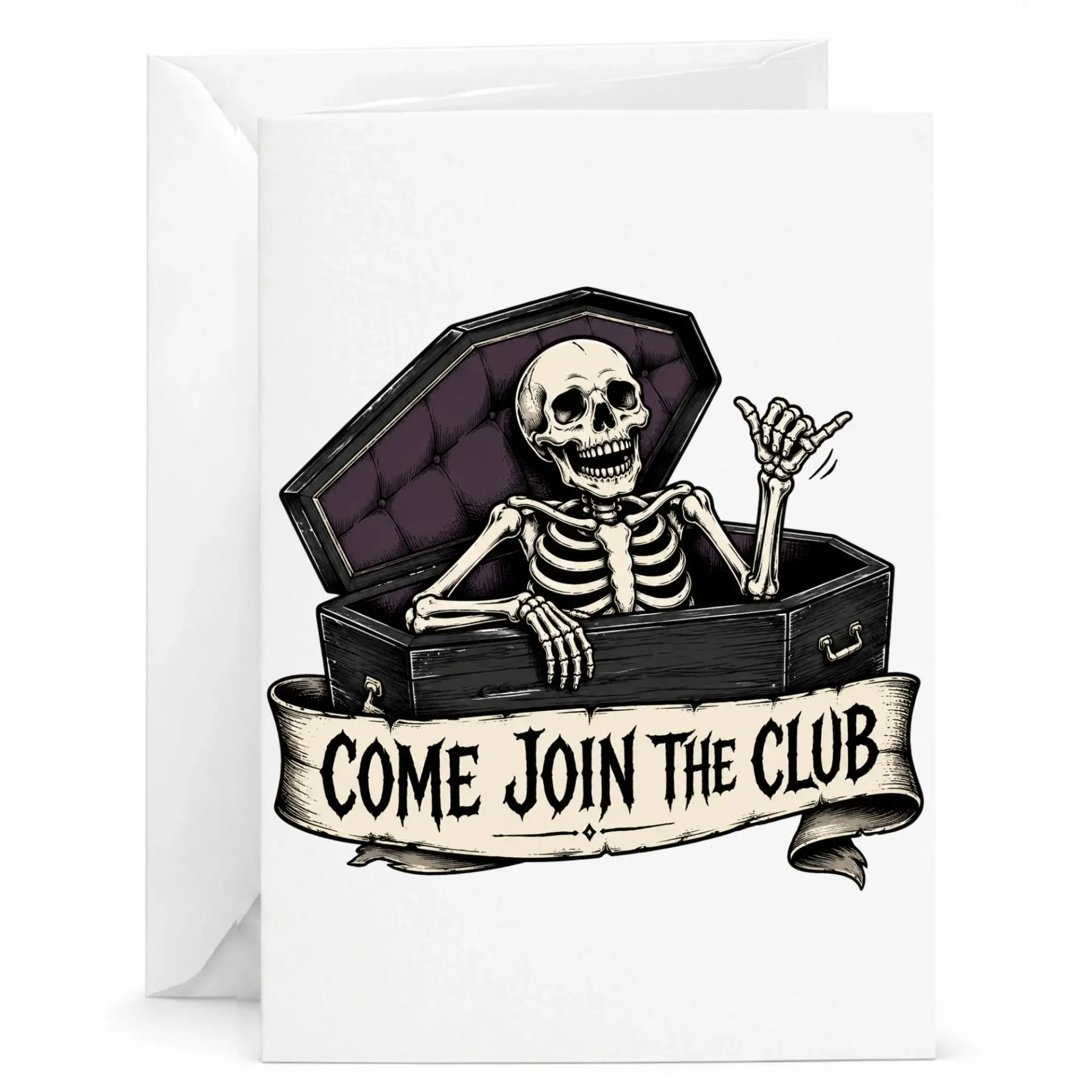 Funny Skeleton Coffin Greeting Card Gothic Humor Birthday Unique Spooky Gift for Friends and Loved Ones