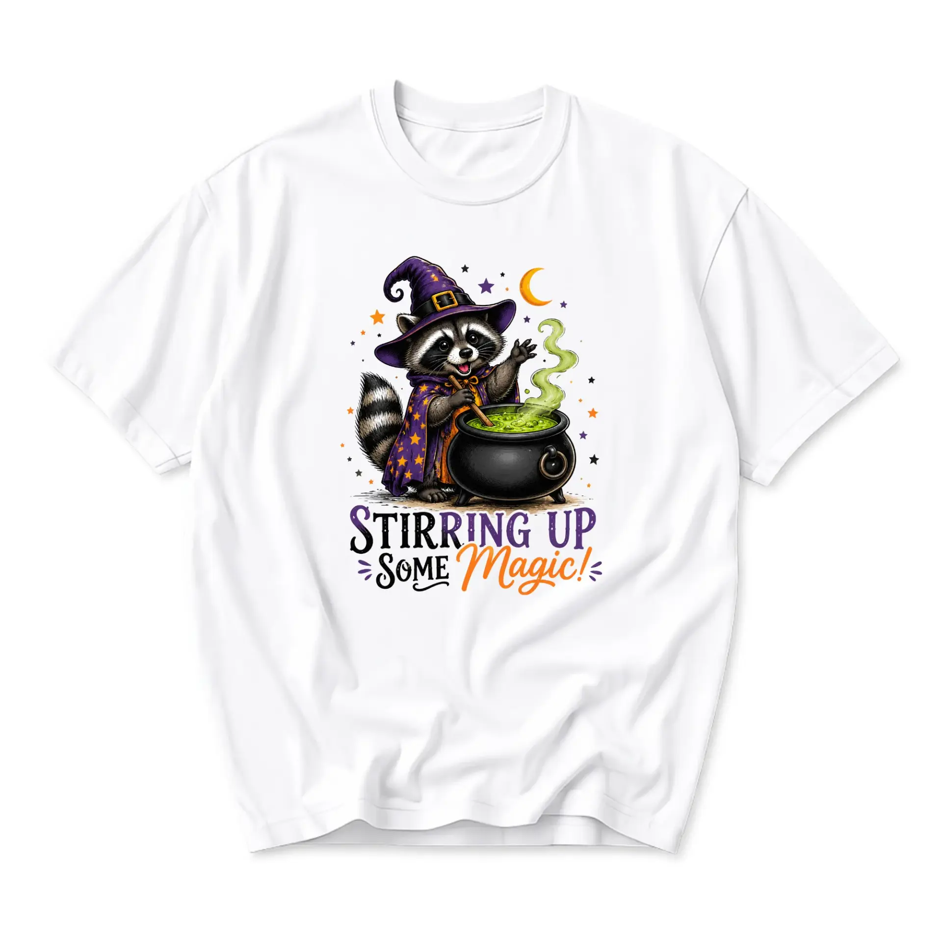 Funny Shirt Featuring a Cute Raccoon Wizard Stirring a Cauldron Graphic Printed Casual Unisex Crew Neck T-Shirt