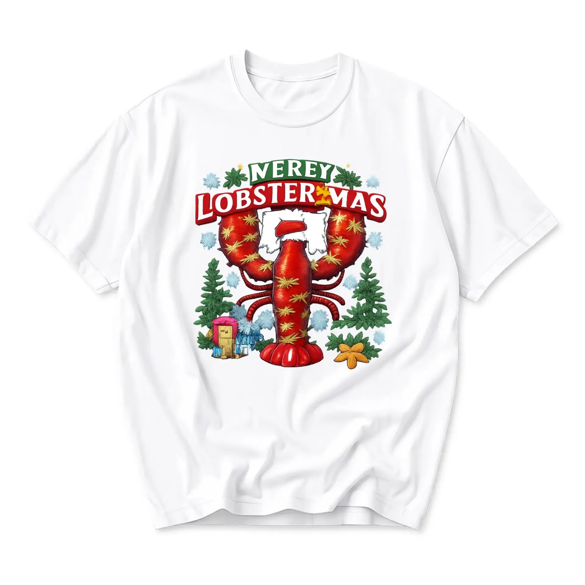 Funny Shirt Lobster Mas Graphic Tee Seasonal Holiday Unisex Crew Neck Casual Cotton Blend Apparel White Short Sleeve
