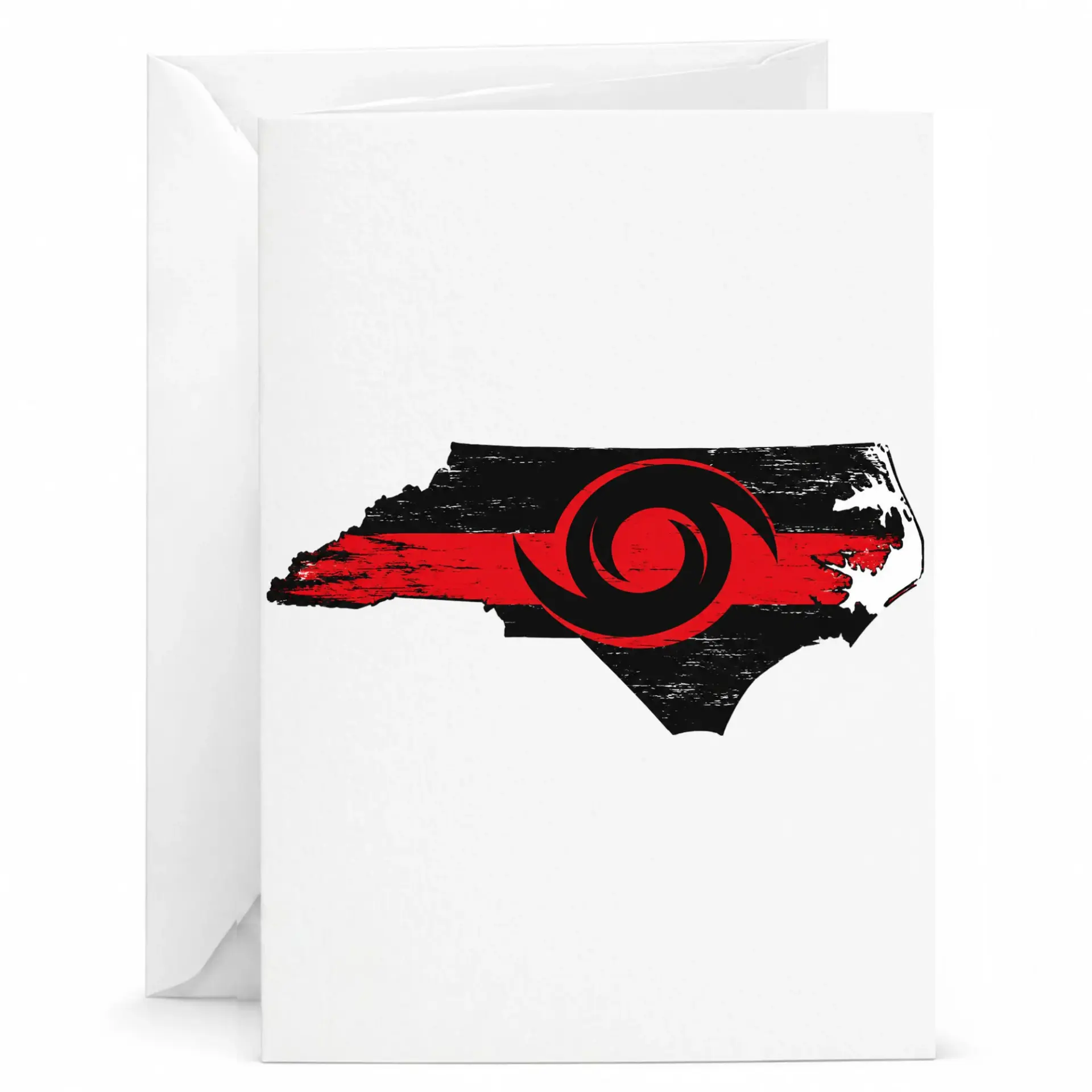 Greeting Card Featuring North Carolina State Map Silhouette with Artistic Distressed Red and Black Swirl Design