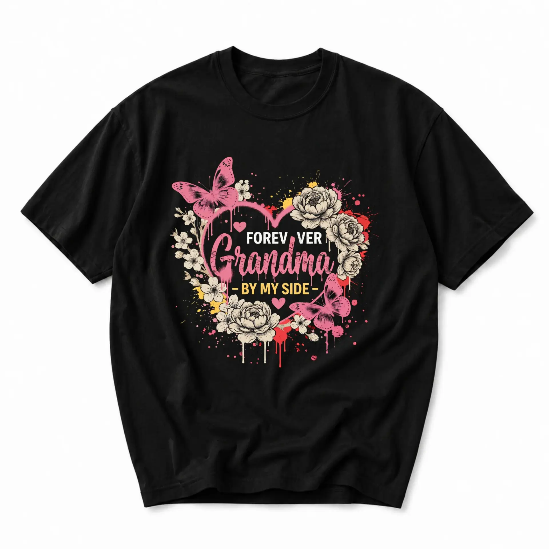 T-shirt Grandma Forever by My Side Graphic Tee Floral Heart Butterfly Print Unisex Crew Neck Casual Everyday Shirt