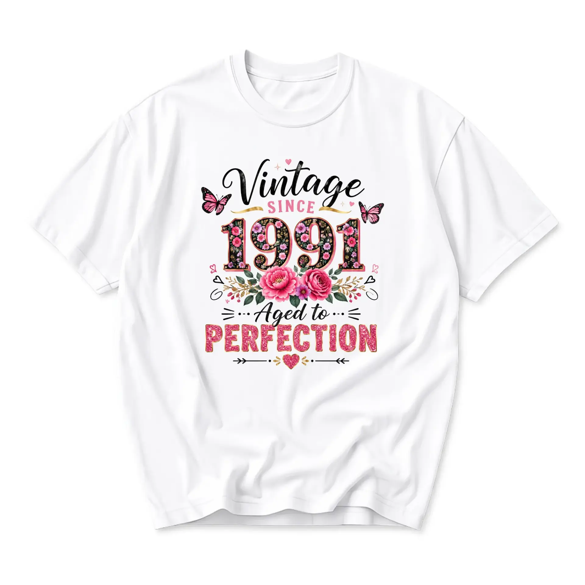 Vintage Since 1991 Aged to Perfection T-Shirt Floral Birthday Butterfly Graphic Tee Unisex Casual Crew Neck Shirt