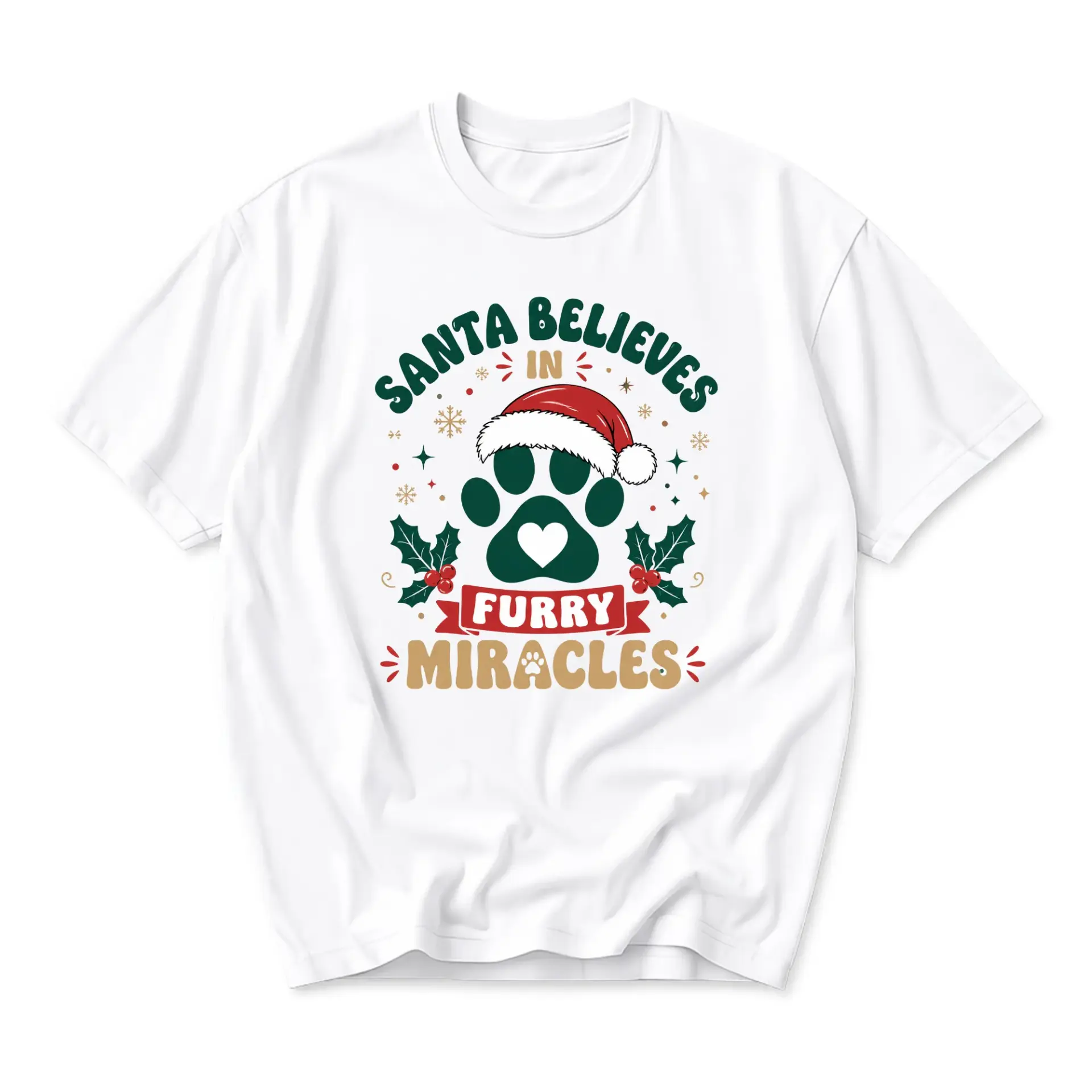 Graphic Tee Santa Believes in Furry Miracles Holiday Dog Paw Print Unisex