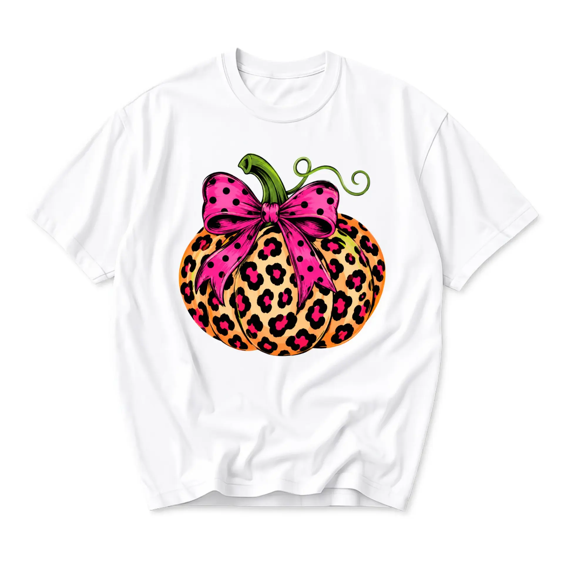 Graphic Tee Unisex Pumpkin Leopard Print Shirt Fall Casual Seasonal Apparel White Crew Neck Comfortable Soft Cotton