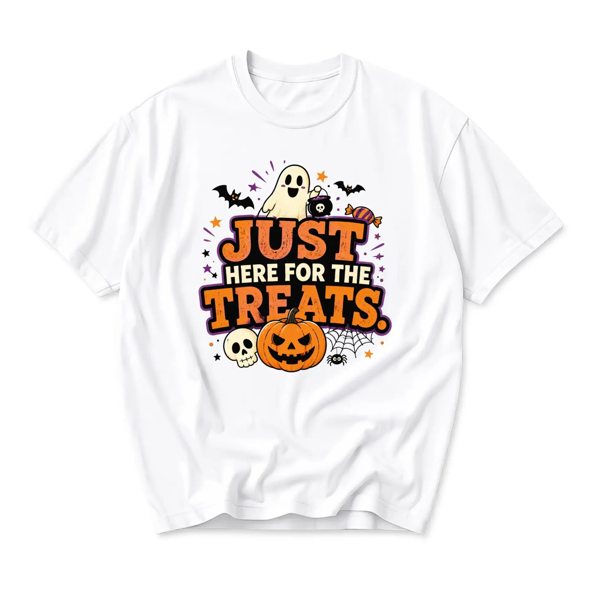 Graphic Tee Just Here for the Treats Halloween Shirt Unisex Casual Crew Neck Comfortable Cotton Blend Everyday Apparel
